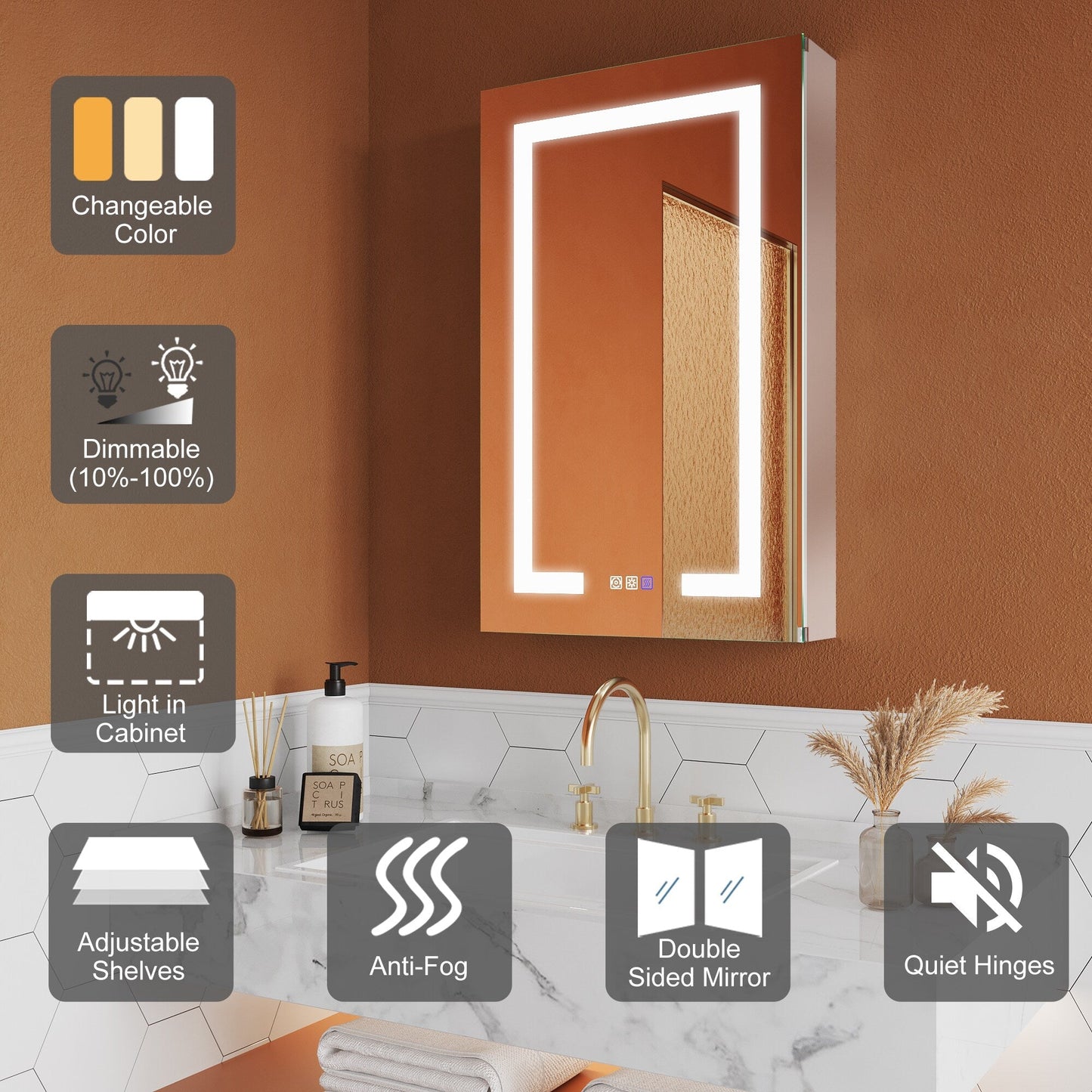 ExBrite Opale 20-in x 32-in Lighted LED Fog Free Surface/Recessed Mount Silver- 32"h- Left Mirrored Soft Close Medicine Cabinet with Outlet
