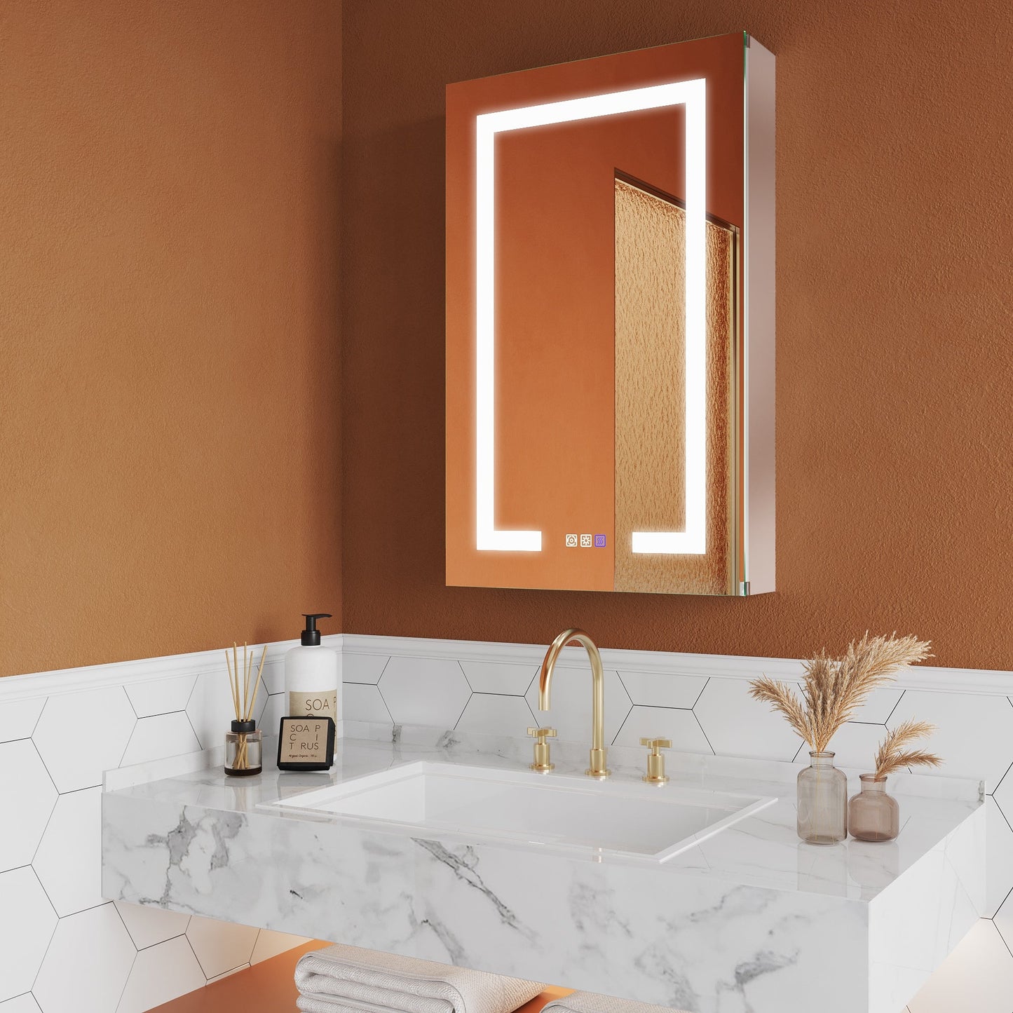ExBrite Opale 20-in x 32-in Lighted LED Fog Free Surface/Recessed Mount Silver- 32"h- Left Mirrored Soft Close Medicine Cabinet with Outlet