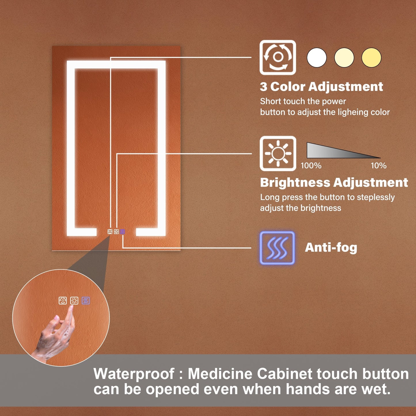 ExBrite Opale 20-in x 32-in Lighted LED Fog Free Surface/Recessed Mount Silver- 32"h- Left Mirrored Soft Close Medicine Cabinet with Outlet