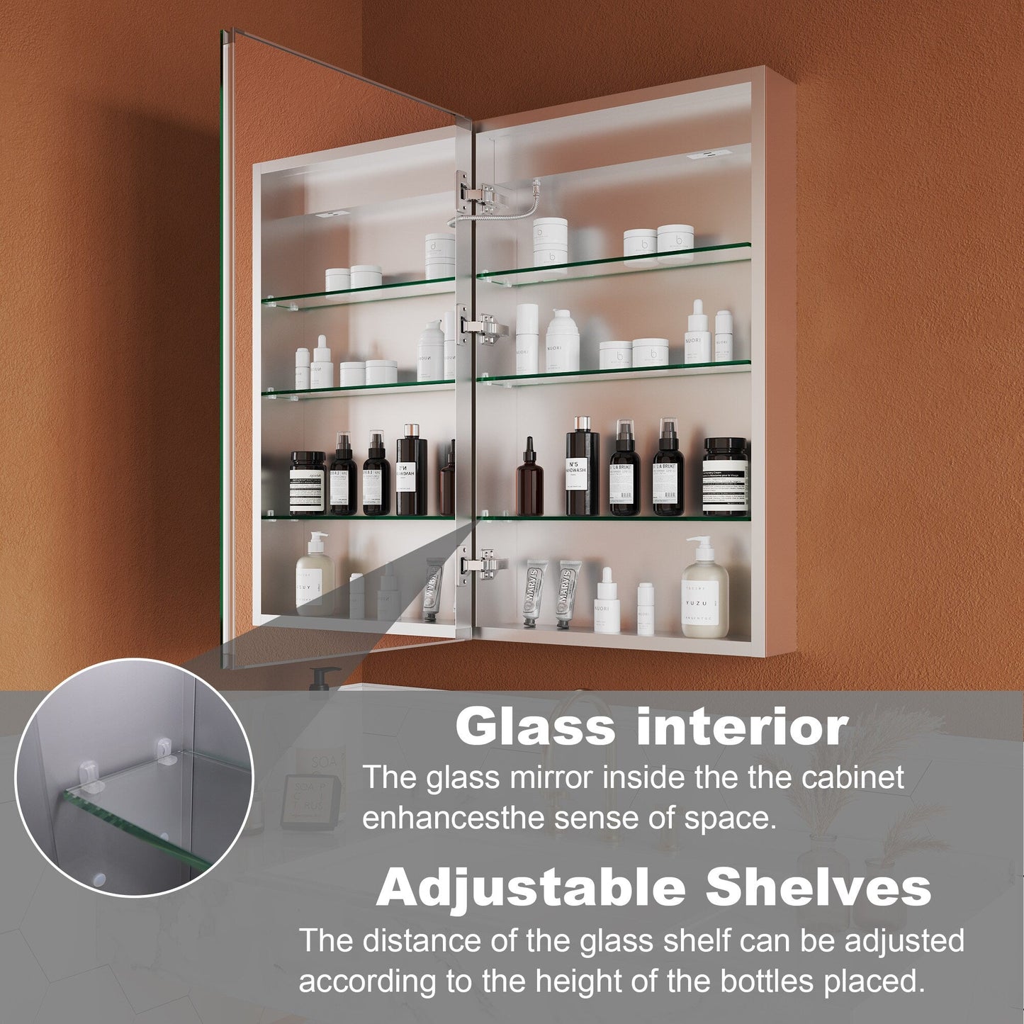 ExBrite Opale 20-in x 32-in Lighted LED Fog Free Surface/Recessed Mount Silver- 32"h- Left Mirrored Soft Close Medicine Cabinet with Outlet