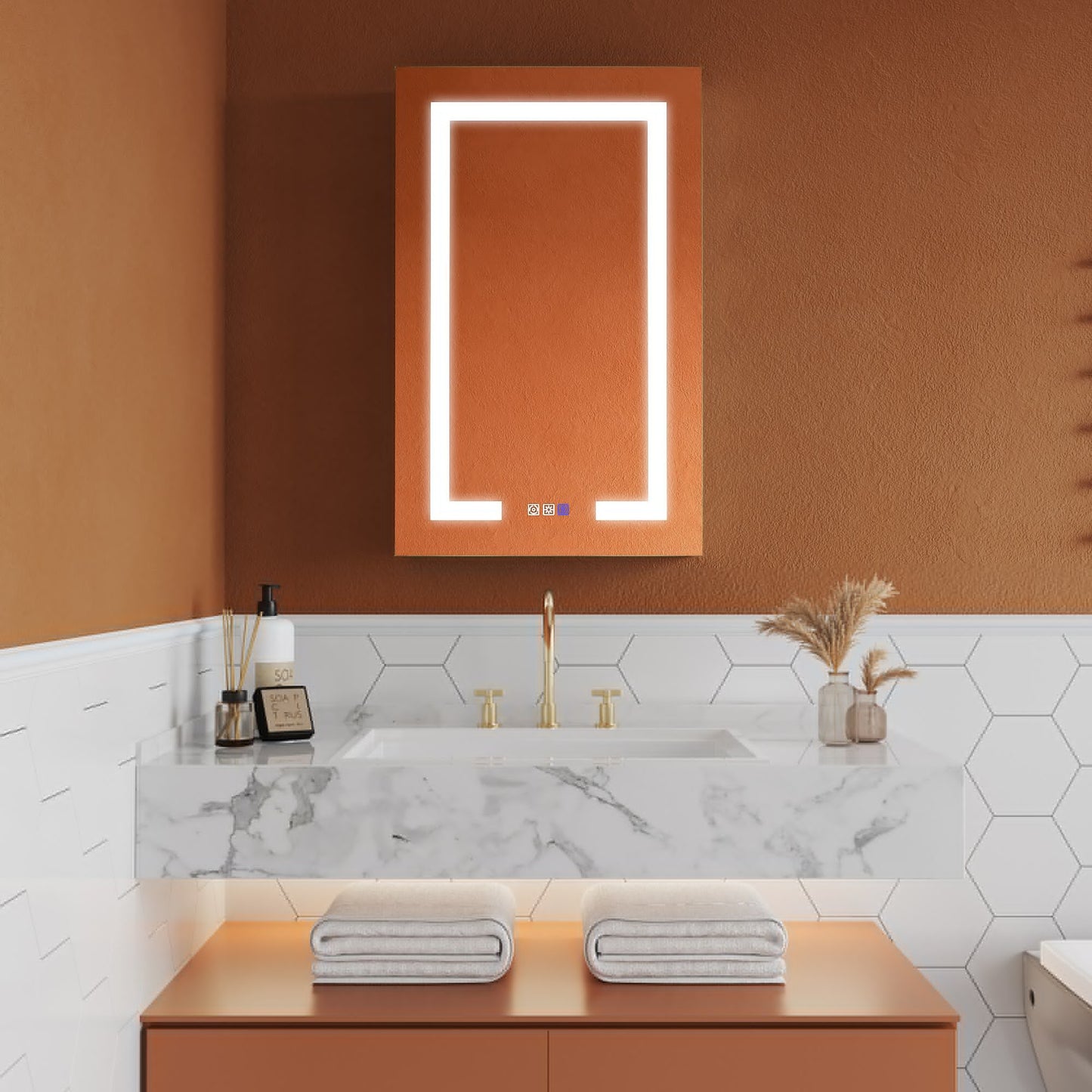 ExBrite Opale 20-in x 32-in Lighted LED Fog Free Surface/Recessed Mount Silver- 32"h- Right Mirrored Soft Close Medicine Cabinet with Outlet