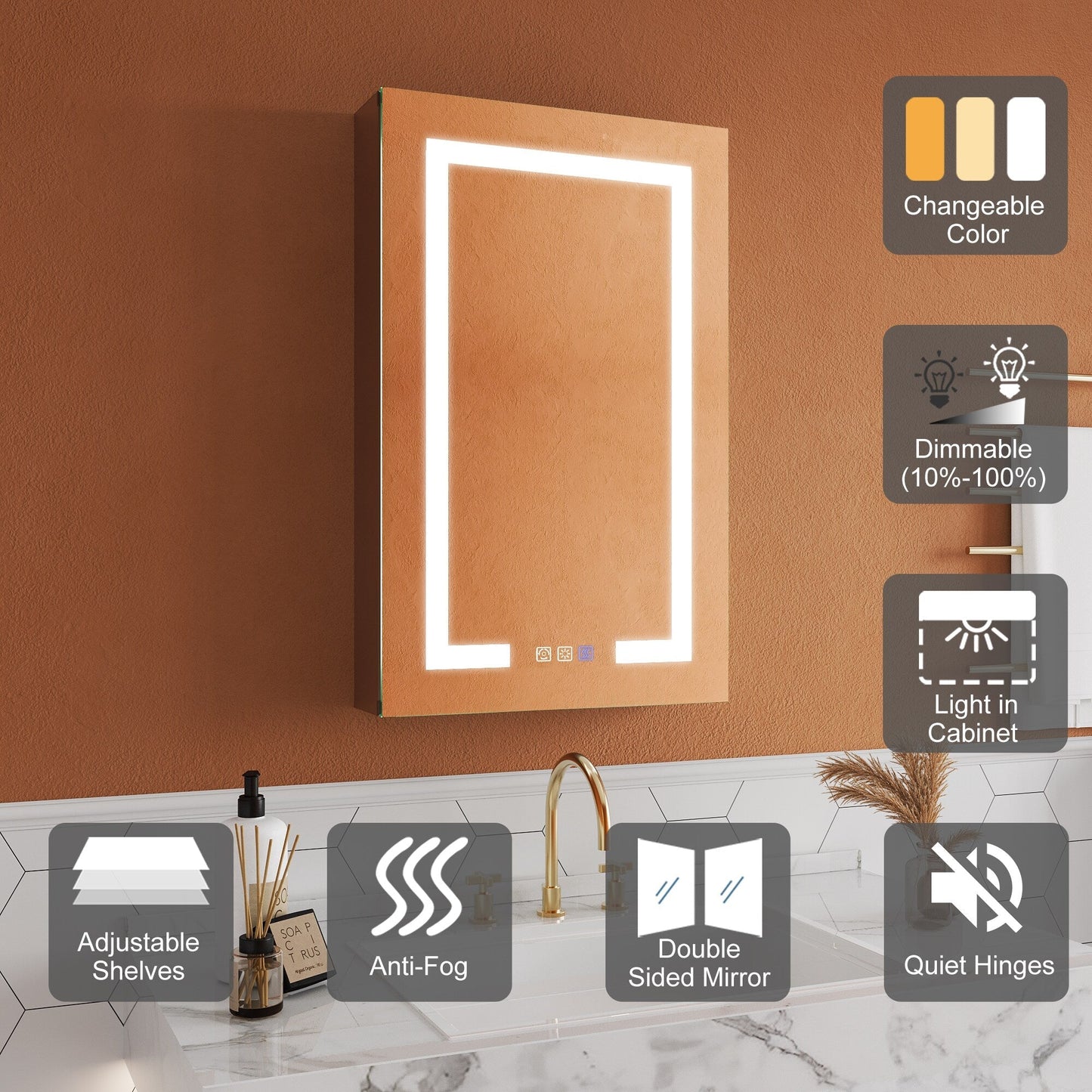 ExBrite Opale 20-in x 32-in Lighted LED Fog Free Surface/Recessed Mount Silver- 32"h- Right Mirrored Soft Close Medicine Cabinet with Outlet
