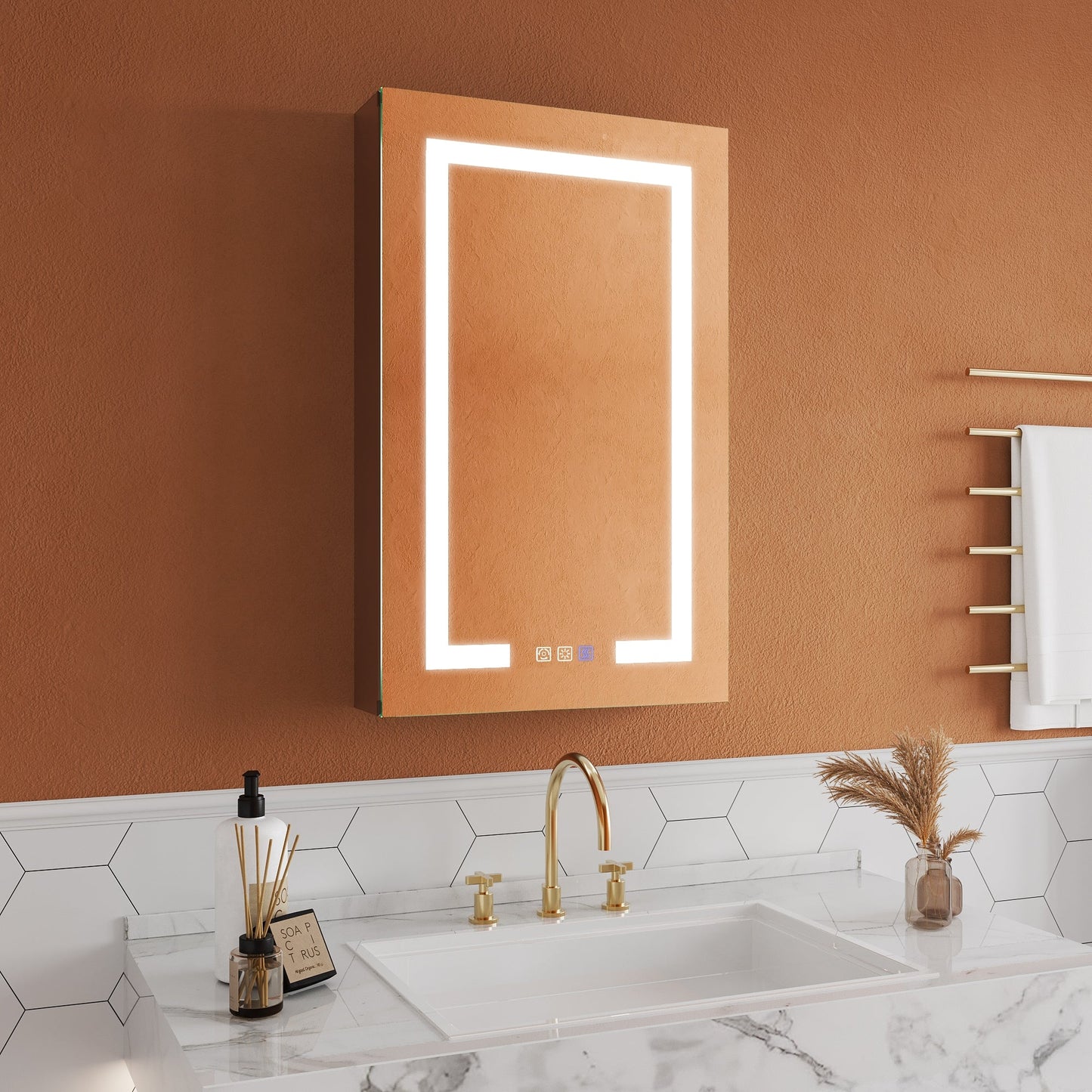 ExBrite Opale 20-in x 32-in Lighted LED Fog Free Surface/Recessed Mount Silver- 32"h- Right Mirrored Soft Close Medicine Cabinet with Outlet