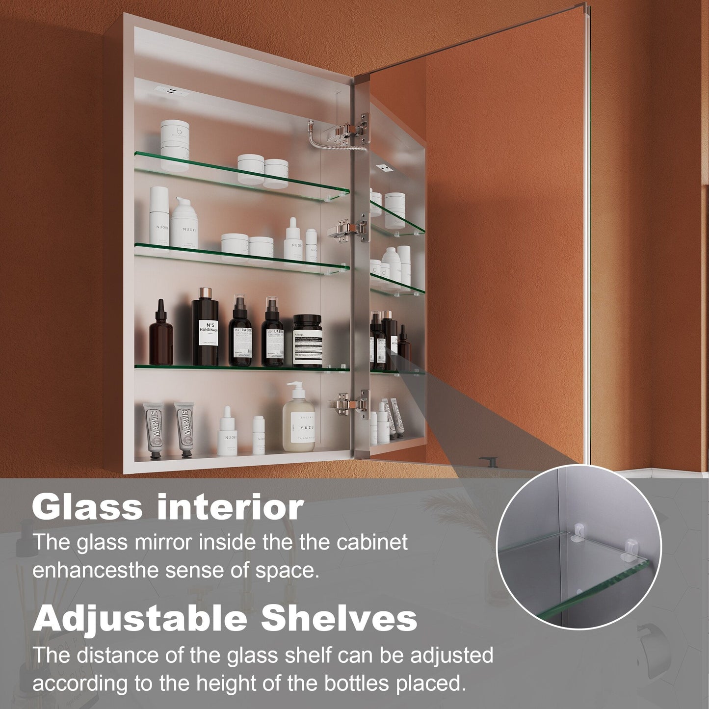 ExBrite Opale 20-in x 32-in Lighted LED Fog Free Surface/Recessed Mount Silver- 32"h- Right Mirrored Soft Close Medicine Cabinet with Outlet