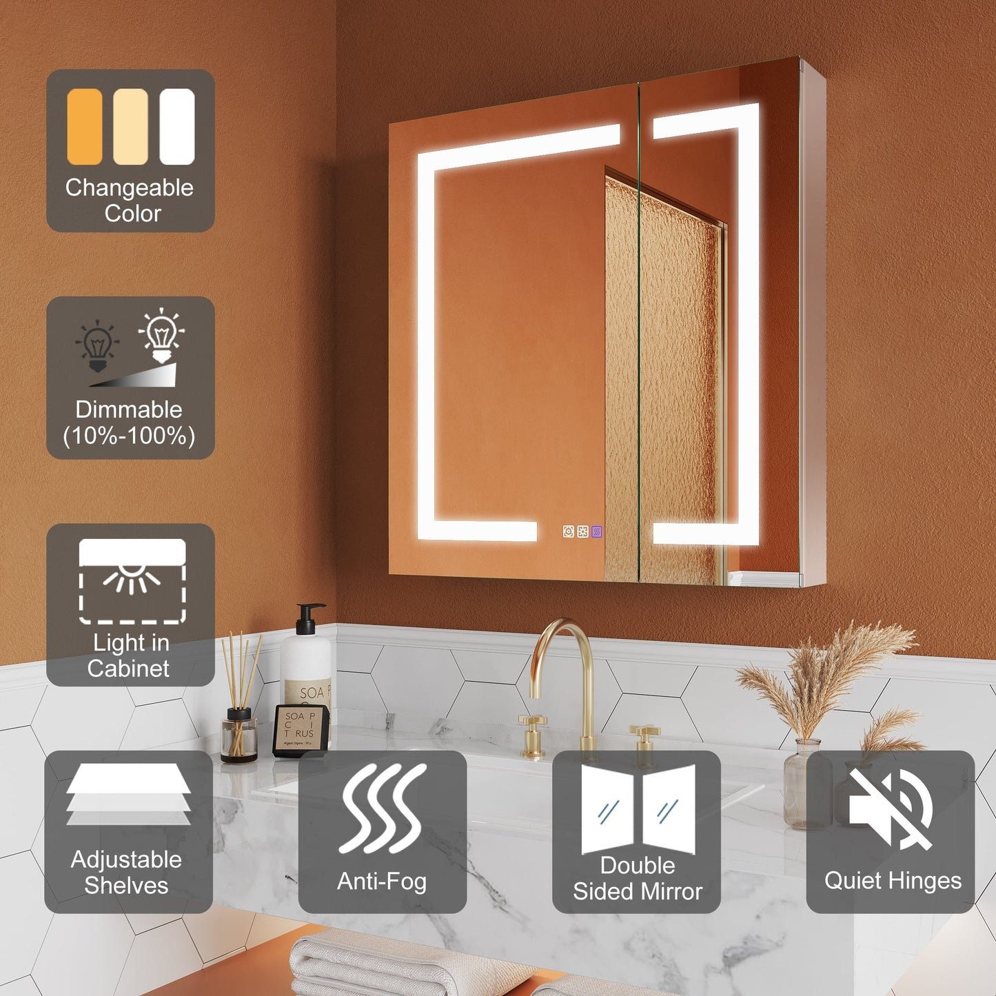 ExBrite Opale 28-in x 30-in Lighted LED Fog Free Surface/Recessed Mount Silver- 30"h Mirrored Soft Close Medicine Cabinet with Outlet