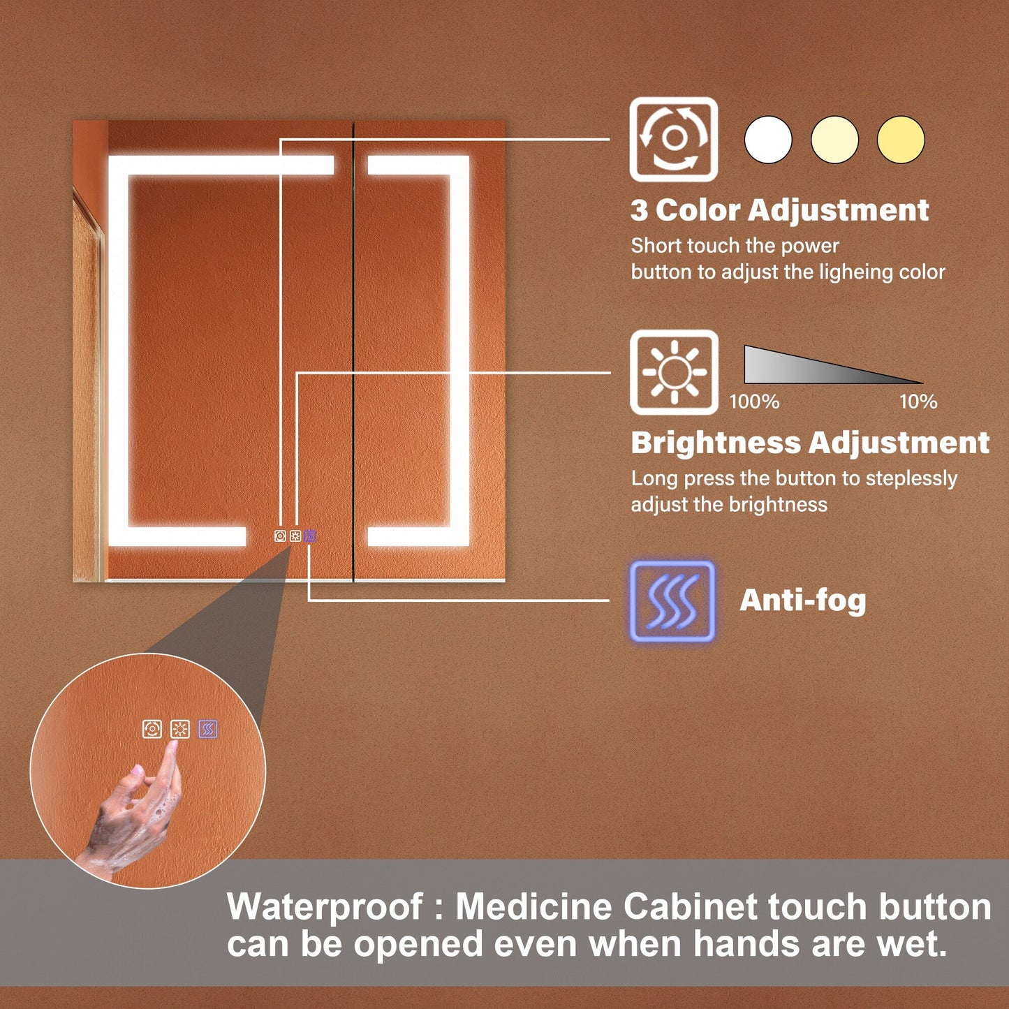 ExBrite Opale 28-in x 30-in Lighted LED Fog Free Surface/Recessed Mount Silver- 30"h Mirrored Soft Close Medicine Cabinet with Outlet