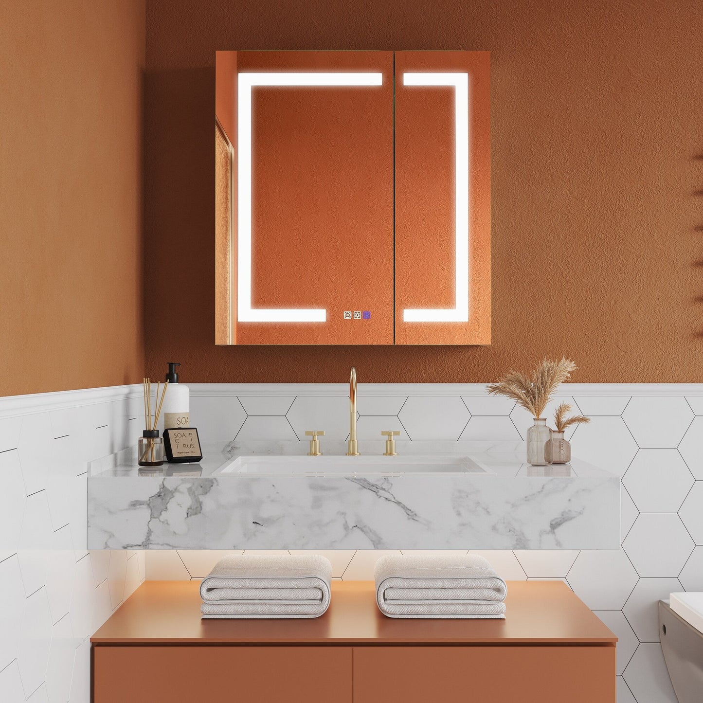 ExBrite Opale 28-in x 30-in Lighted LED Fog Free Surface/Recessed Mount Silver- 30"h Mirrored Soft Close Medicine Cabinet with Outlet