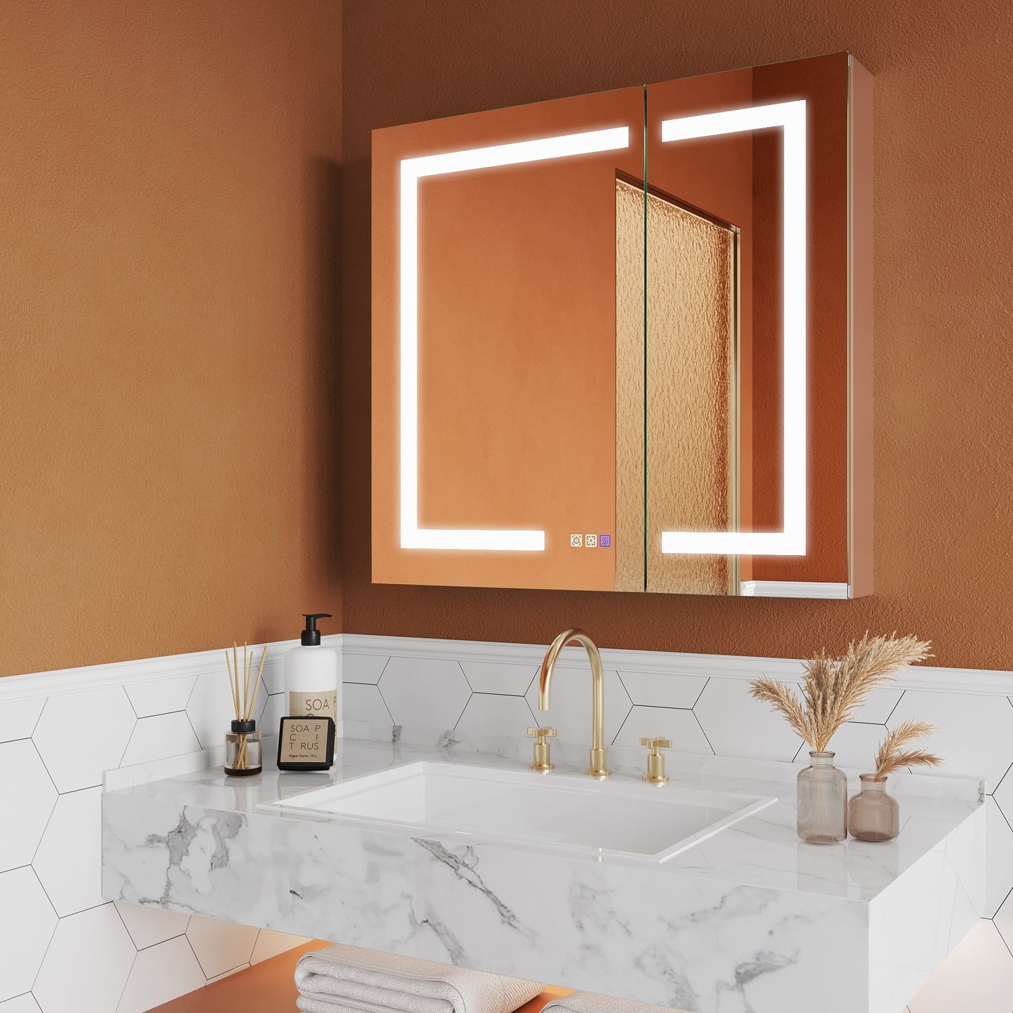 ExBrite Opale 32-in x 30-in Lighted LED Fog Free Surface/Recessed Mount Silver- 30"h Mirrored Soft Close Medicine Cabinet with Outlet