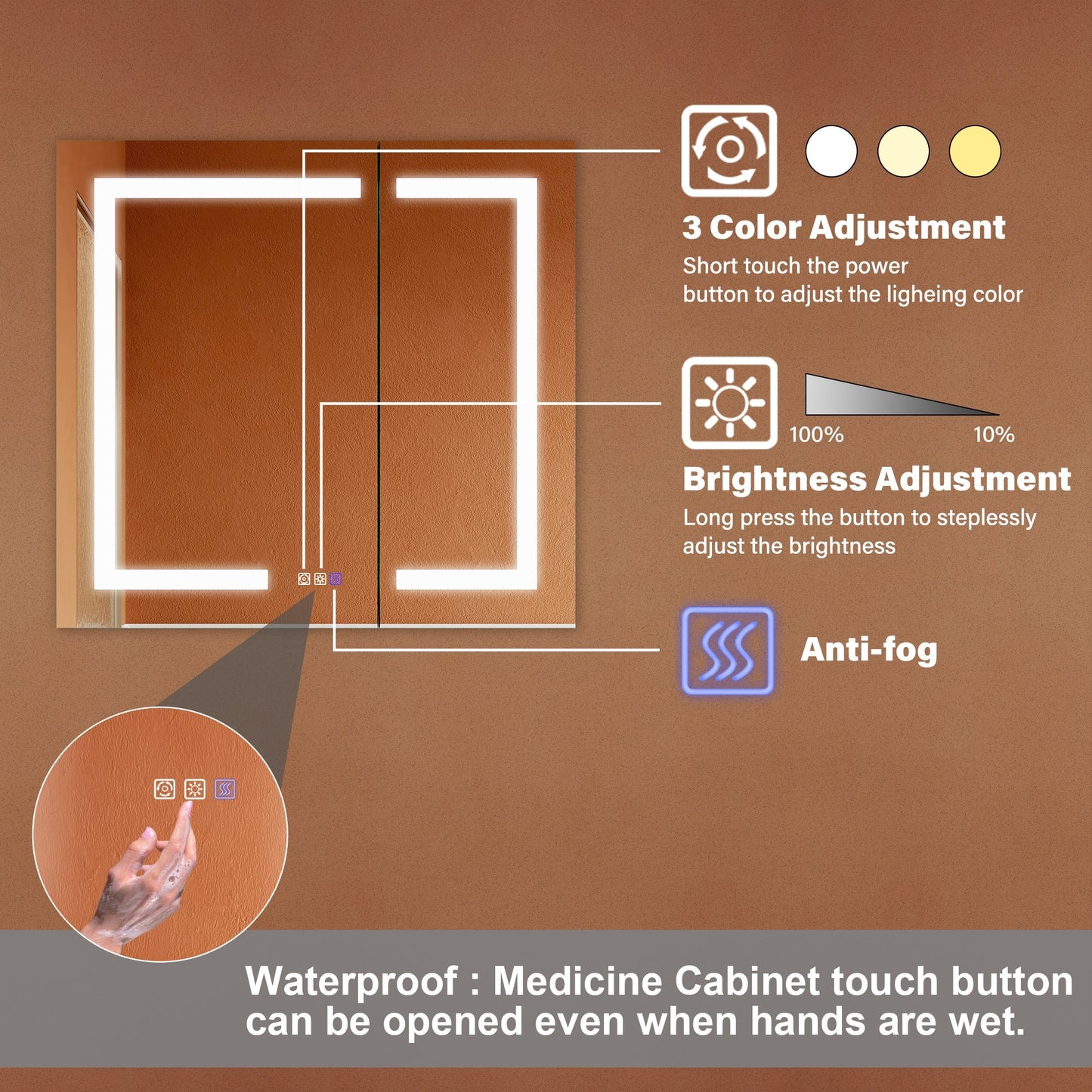 ExBrite Opale 32-in x 30-in Lighted LED Fog Free Surface/Recessed Mount Silver- 30"h Mirrored Soft Close Medicine Cabinet with Outlet