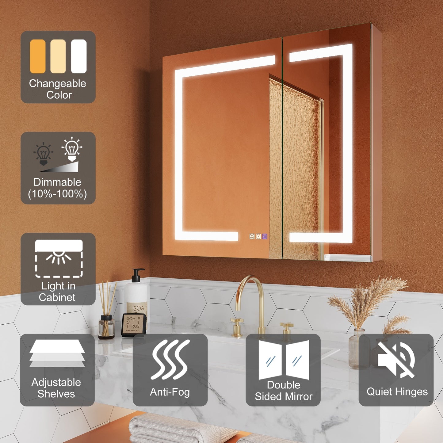 ExBrite Opale 32-in x 30-in Lighted LED Fog Free Surface/Recessed Mount Silver- 30"h Mirrored Soft Close Medicine Cabinet with Outlet