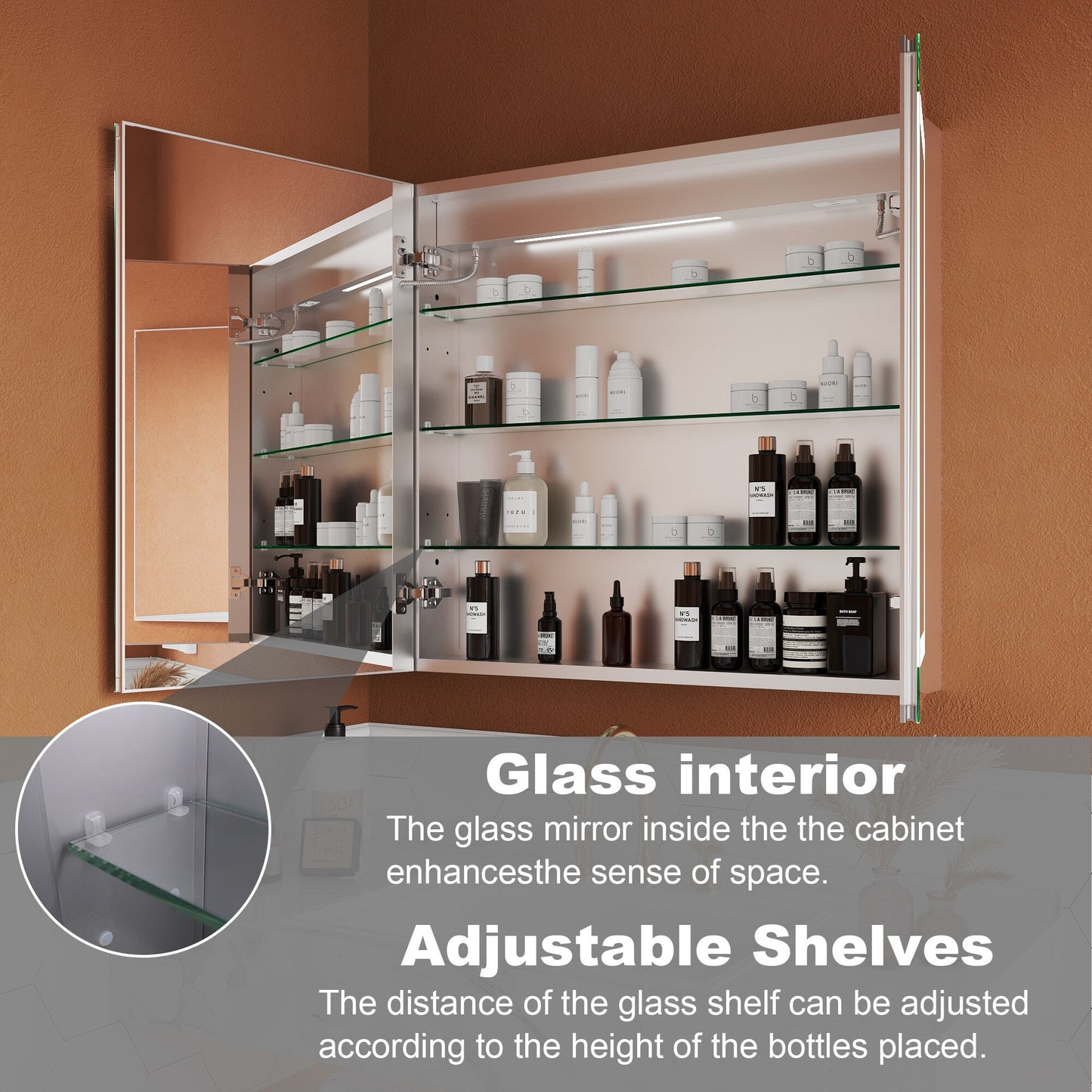 ExBrite Opale 32-in x 30-in Lighted LED Fog Free Surface/Recessed Mount Silver- 30"h Mirrored Soft Close Medicine Cabinet with Outlet