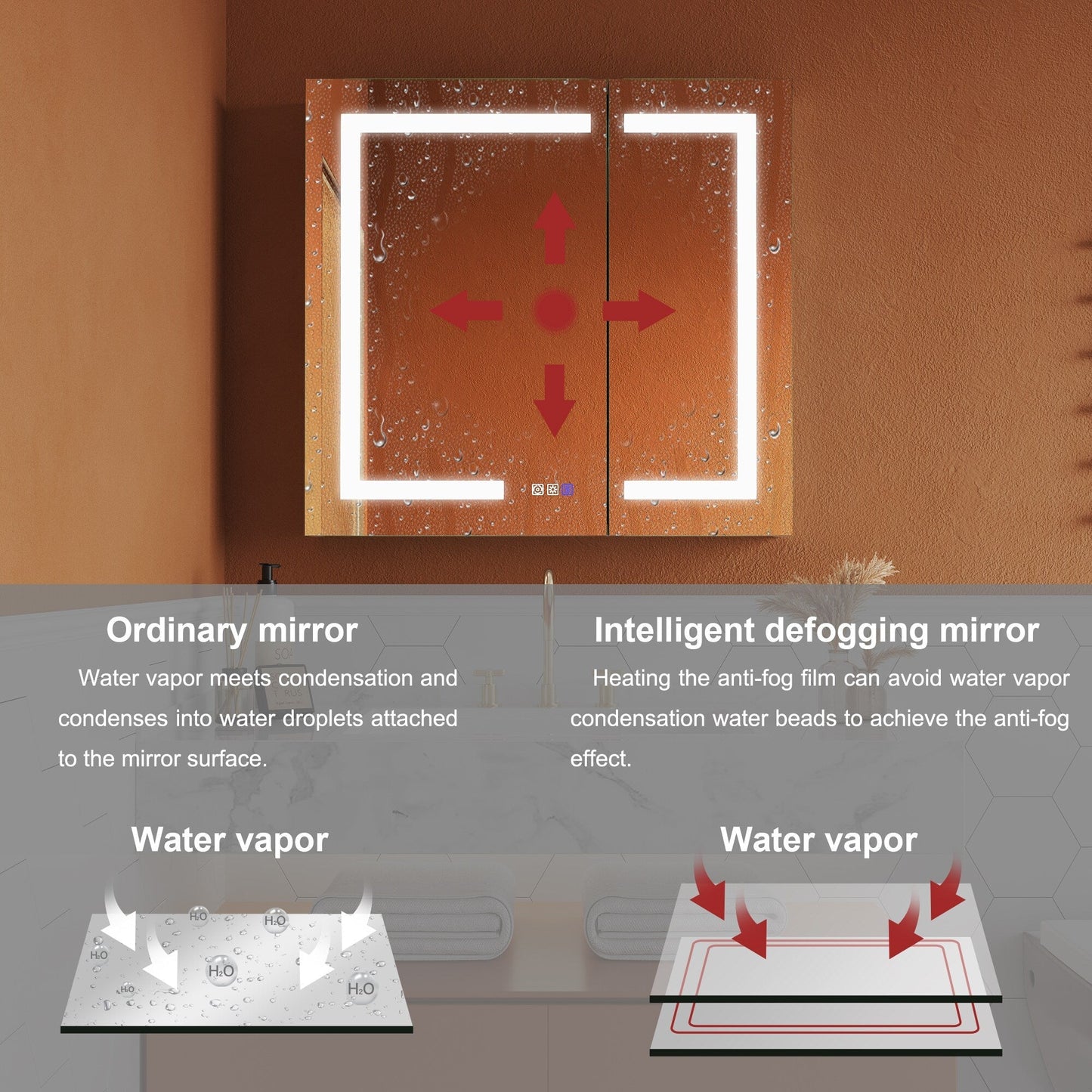 ExBrite Opale 32-in x 30-in Lighted LED Fog Free Surface/Recessed Mount Silver- 30"h Mirrored Soft Close Medicine Cabinet with Outlet