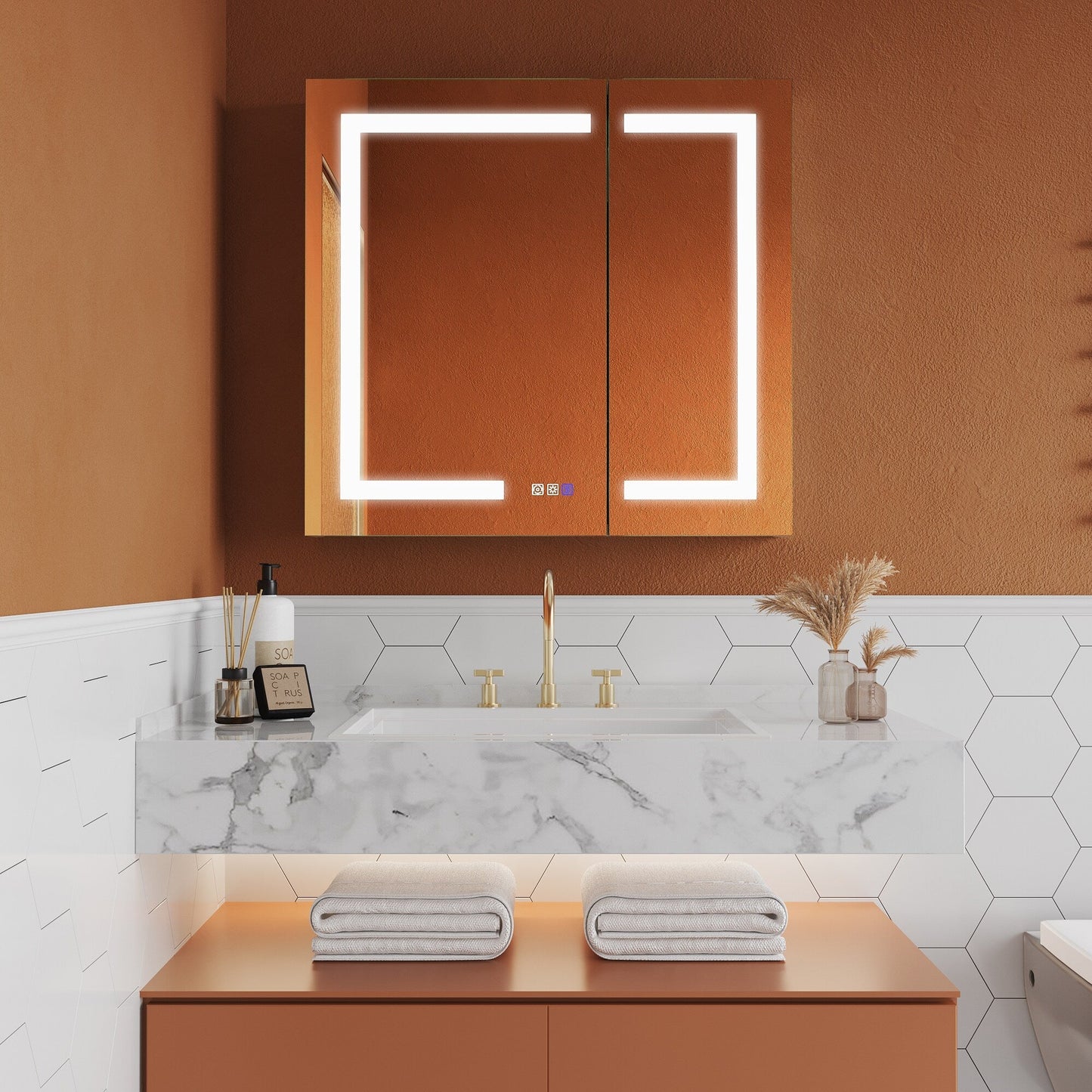 ExBrite Opale 32-in x 30-in Lighted LED Fog Free Surface/Recessed Mount Silver- 30"h Mirrored Soft Close Medicine Cabinet with Outlet