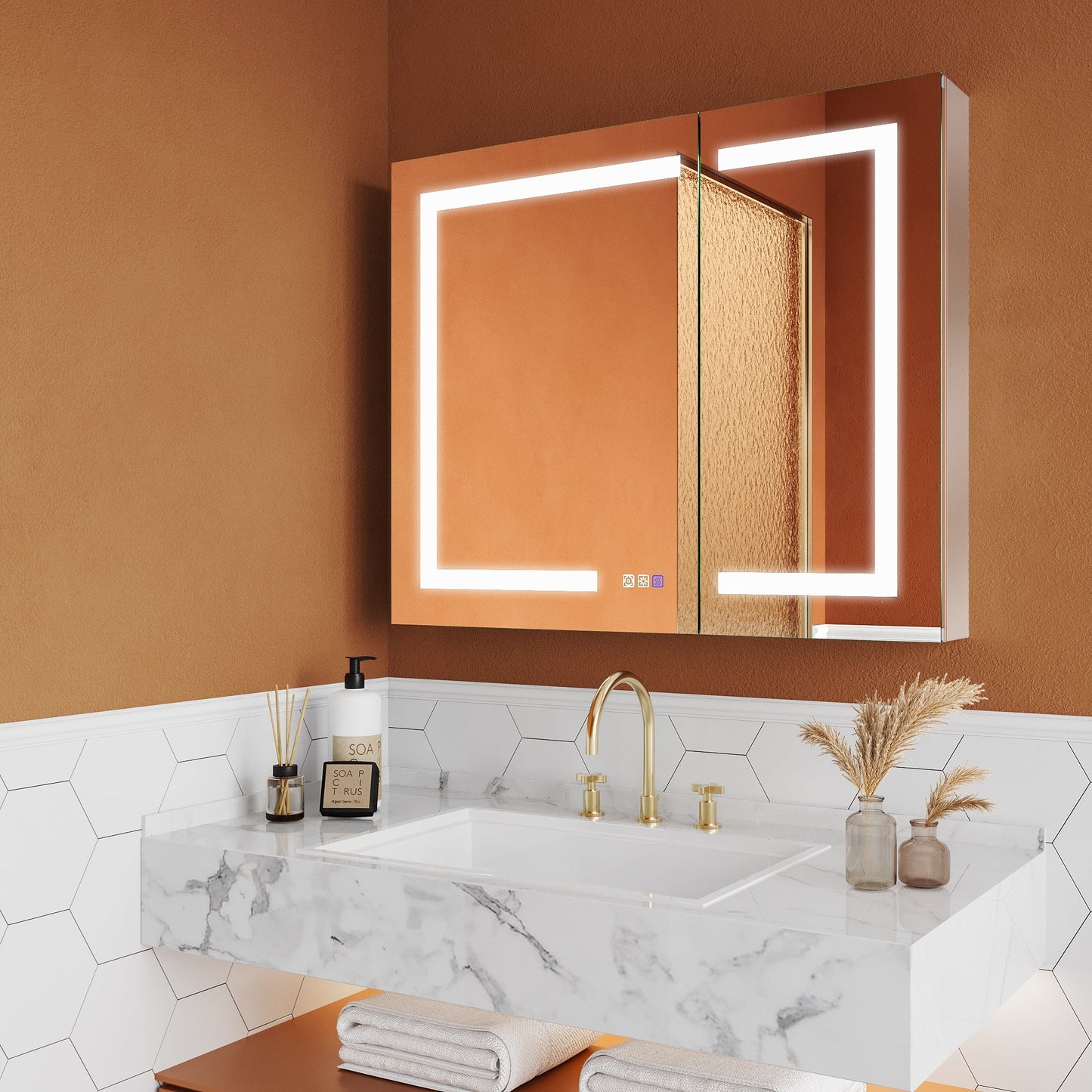 ExBrite Opale 36-in x 30-in Lighted LED Fog Free Surface/Recessed Mount Silver- 30"h Mirrored Soft Close Medicine Cabinet with Outlet