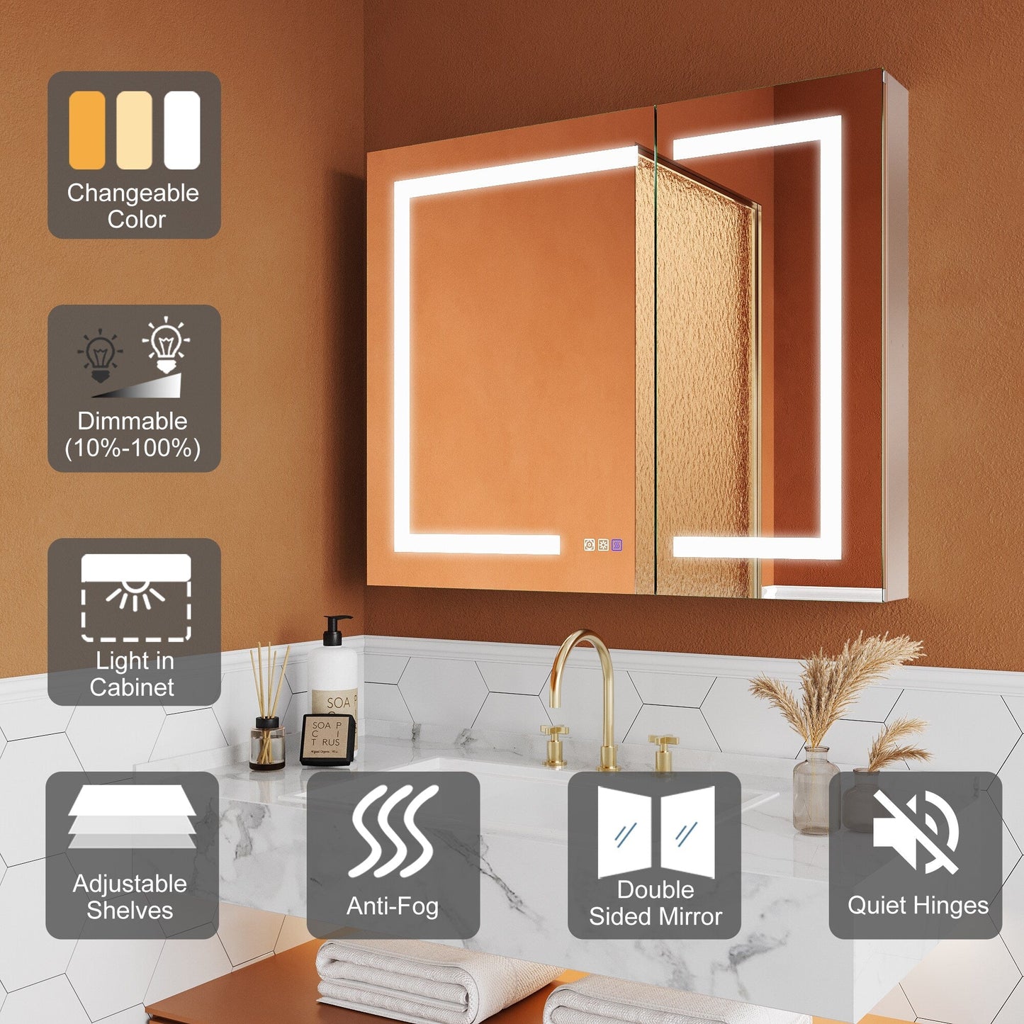 ExBrite Opale 36-in x 30-in Lighted LED Fog Free Surface/Recessed Mount Silver- 30"h Mirrored Soft Close Medicine Cabinet with Outlet