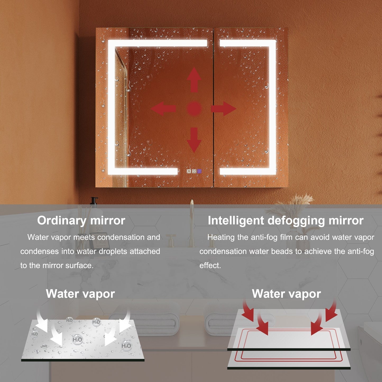 ExBrite Opale 36-in x 30-in Lighted LED Fog Free Surface/Recessed Mount Silver- 30"h Mirrored Soft Close Medicine Cabinet with Outlet