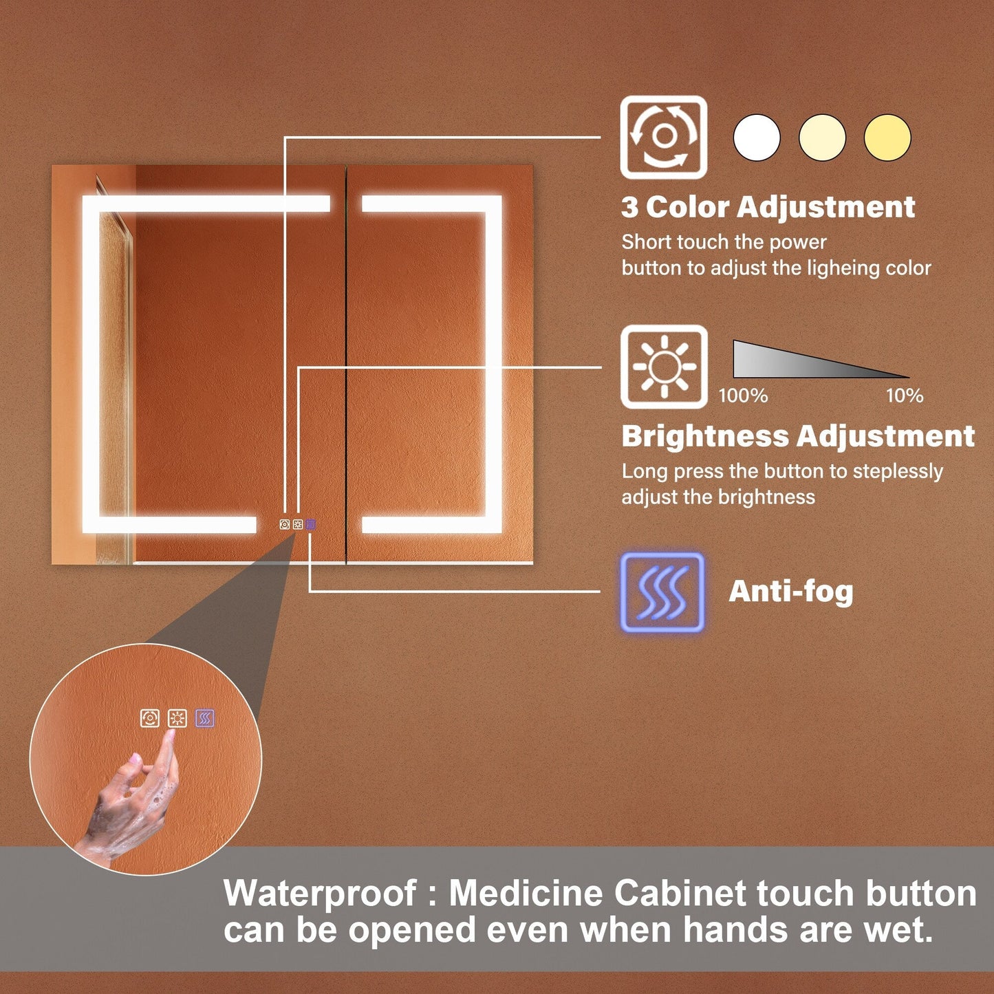 ExBrite Opale 36-in x 30-in Lighted LED Fog Free Surface/Recessed Mount Silver- 30"h Mirrored Soft Close Medicine Cabinet with Outlet