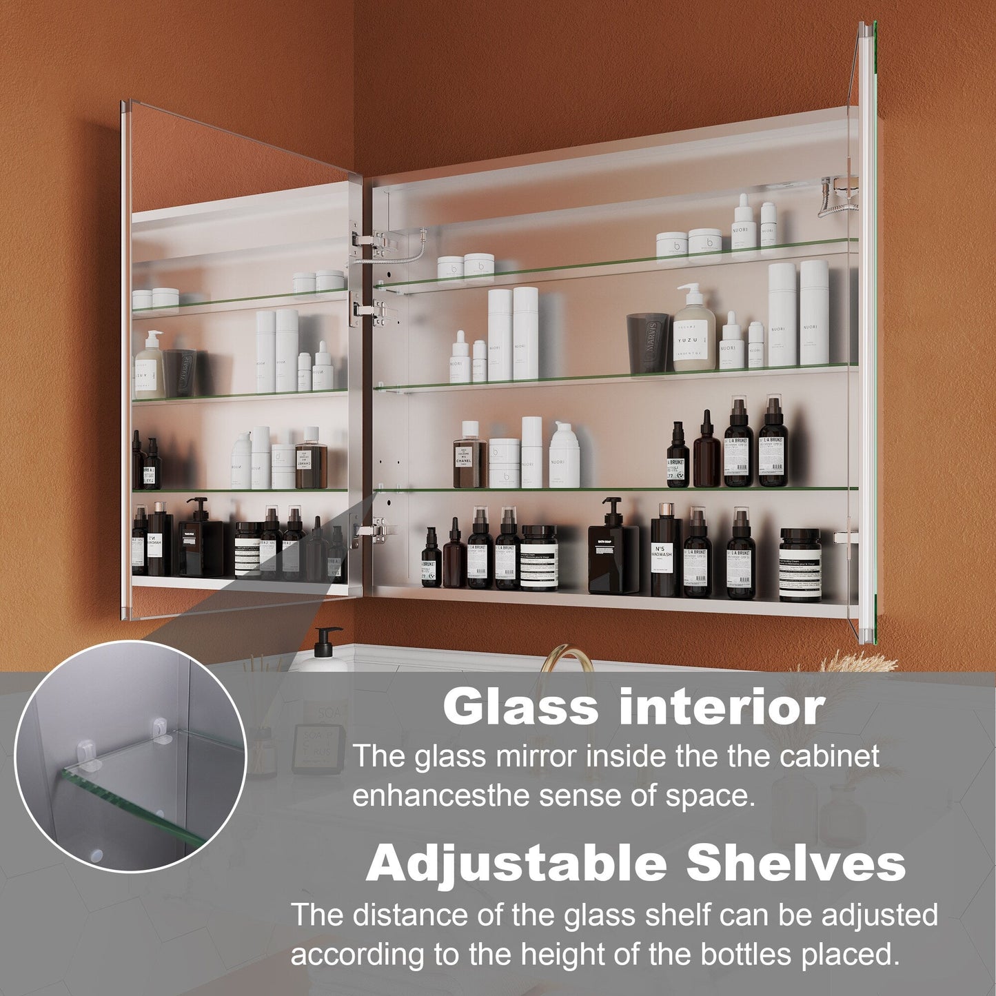 ExBrite Opale 36-in x 30-in Lighted LED Fog Free Surface/Recessed Mount Silver- 30"h Mirrored Soft Close Medicine Cabinet with Outlet
