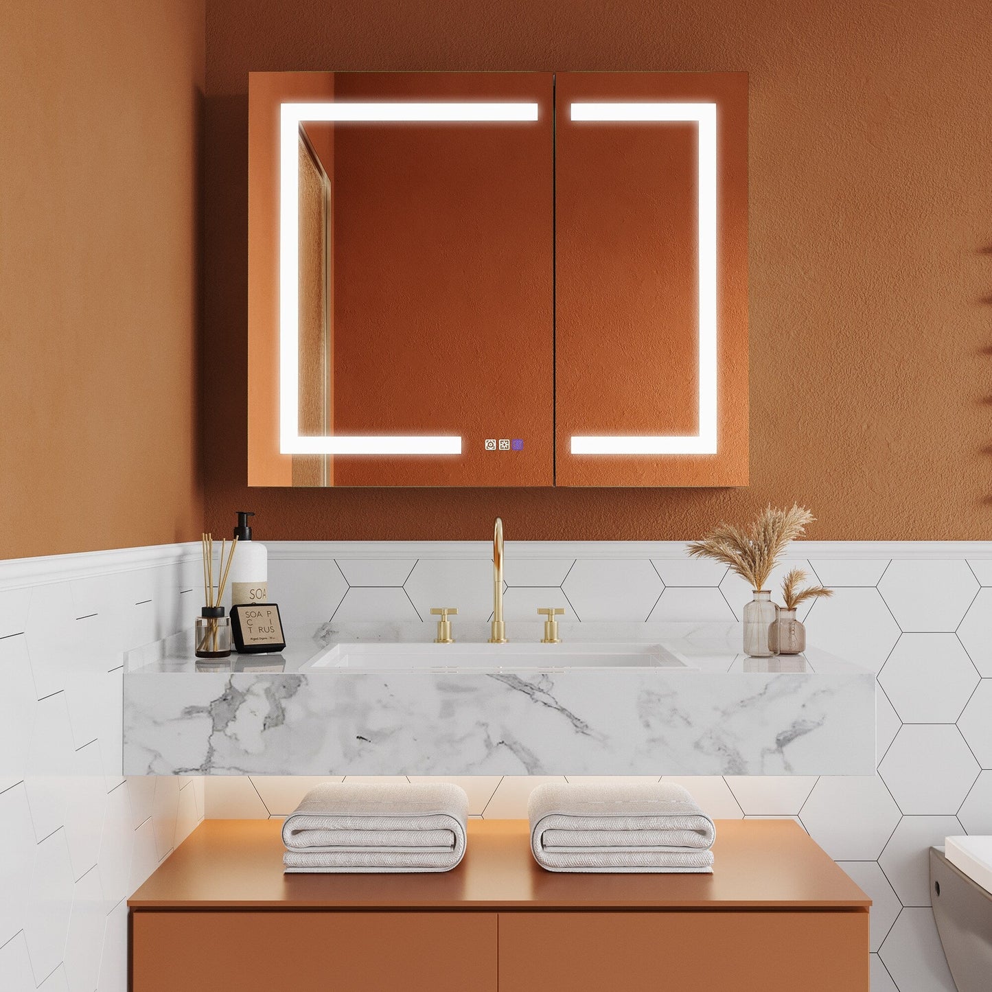 ExBrite Opale 36-in x 30-in Lighted LED Fog Free Surface/Recessed Mount Silver- 30"h Mirrored Soft Close Medicine Cabinet with Outlet