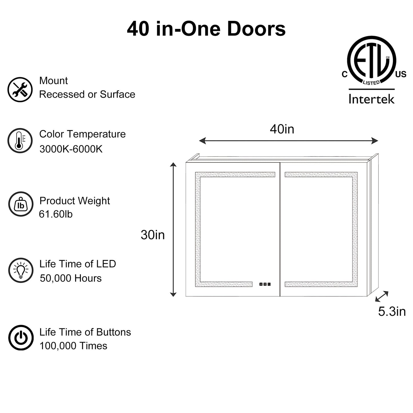 ExBrite Opale 40-in x 30-in Lighted LED Fog Free Surface/Recessed Mount Silver- 30"h Mirrored Soft Close Medicine Cabinet with Outlet