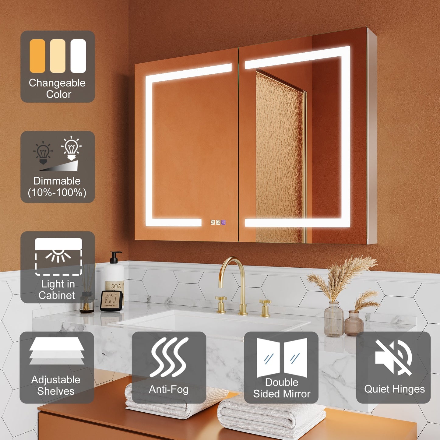 ExBrite Opale 40-in x 30-in Lighted LED Fog Free Surface/Recessed Mount Silver- 30"h Mirrored Soft Close Medicine Cabinet with Outlet