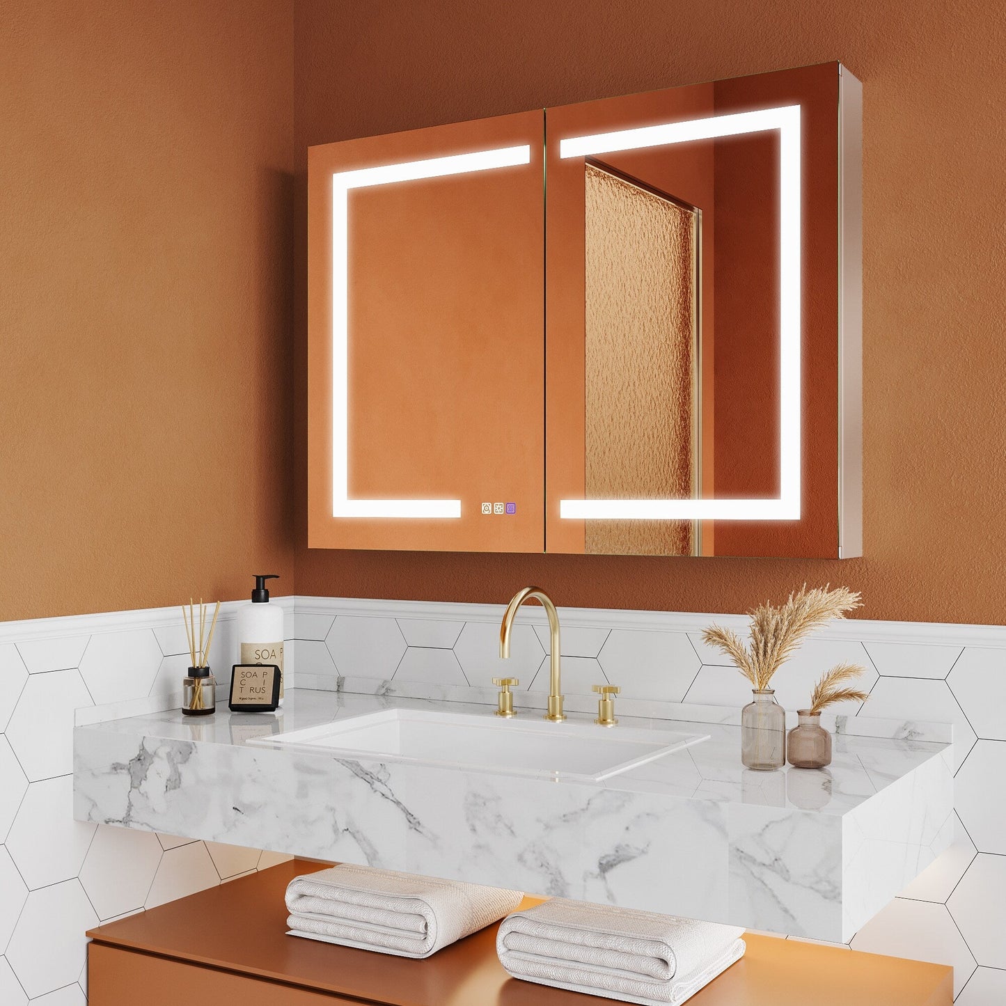 ExBrite Opale 40-in x 30-in Lighted LED Fog Free Surface/Recessed Mount Silver- 30"h Mirrored Soft Close Medicine Cabinet with Outlet