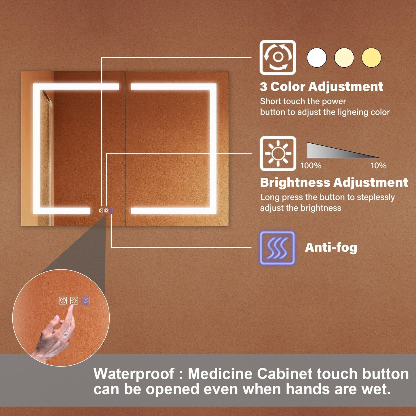 ExBrite Opale 40-in x 30-in Lighted LED Fog Free Surface/Recessed Mount Silver- 30"h Mirrored Soft Close Medicine Cabinet with Outlet