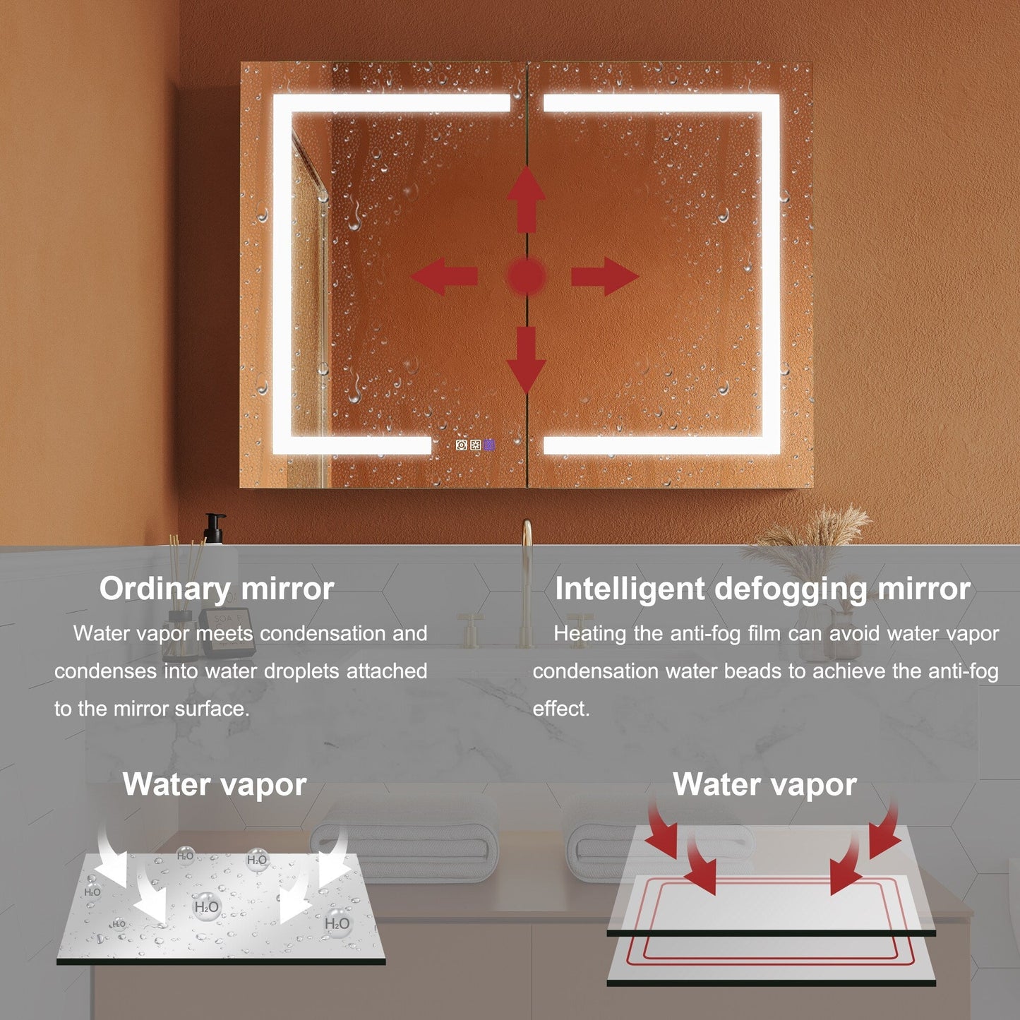 ExBrite Opale 40-in x 30-in Lighted LED Fog Free Surface/Recessed Mount Silver- 30"h Mirrored Soft Close Medicine Cabinet with Outlet