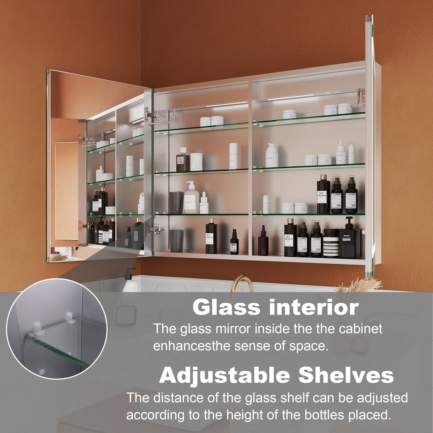 ExBrite Opale 40-in x 30-in Lighted LED Fog Free Surface/Recessed Mount Silver- 30"h Mirrored Soft Close Medicine Cabinet with Outlet