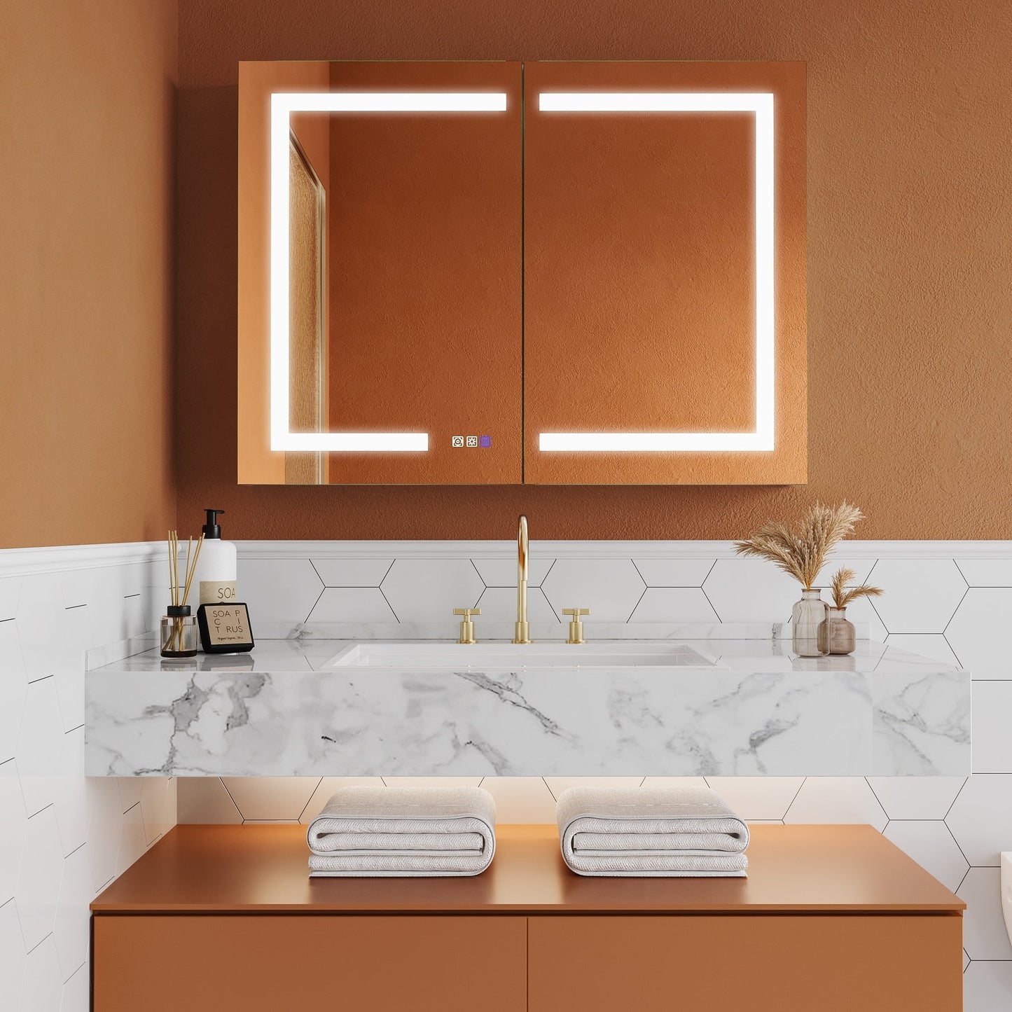 ExBrite Opale 40-in x 30-in Lighted LED Fog Free Surface/Recessed Mount Silver- 30"h Mirrored Soft Close Medicine Cabinet with Outlet