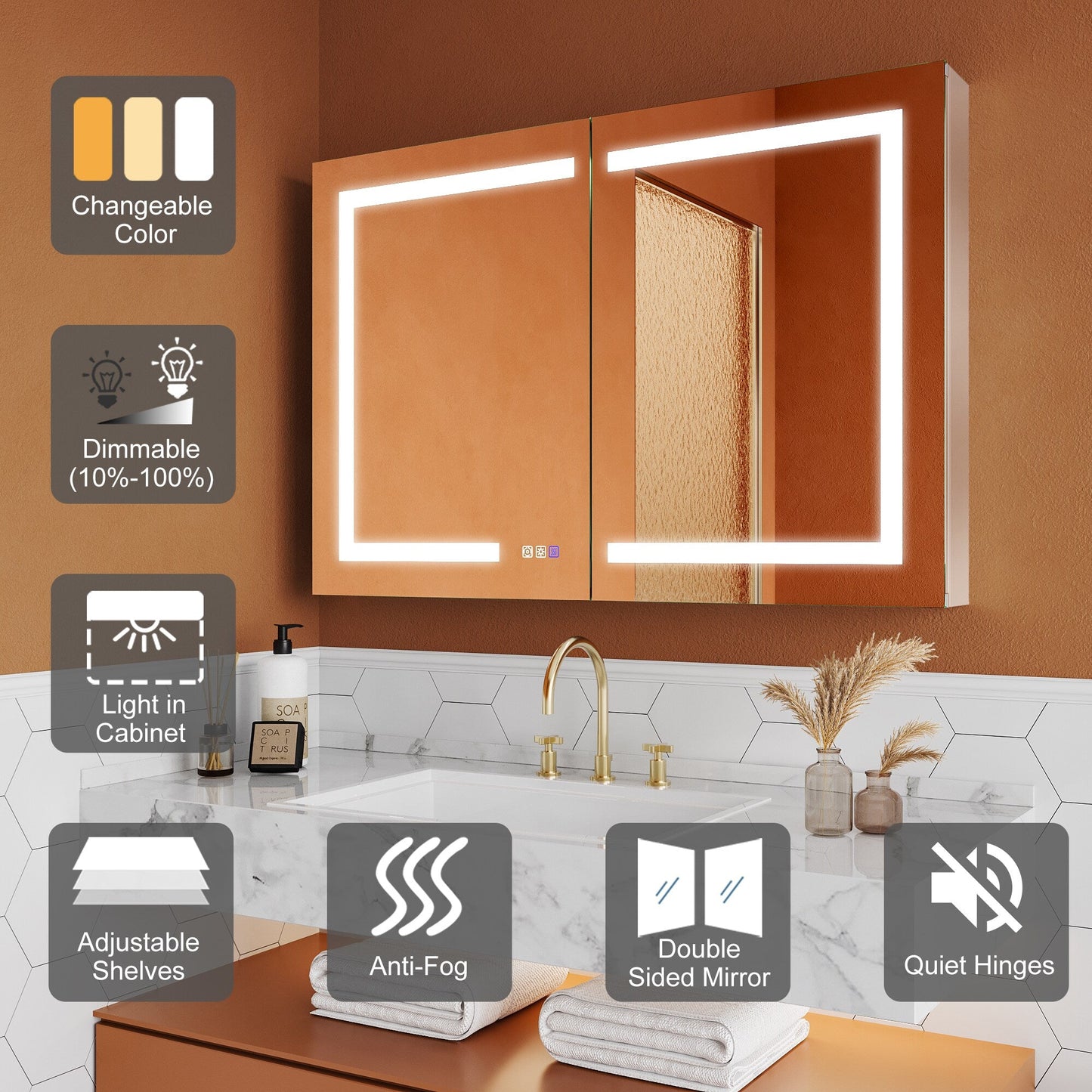 ExBrite Opale 44-in x 30-in Lighted LED Fog Free Surface/Recessed Mount Silver- 30"h Mirrored Soft Close Medicine Cabinet with Outlet