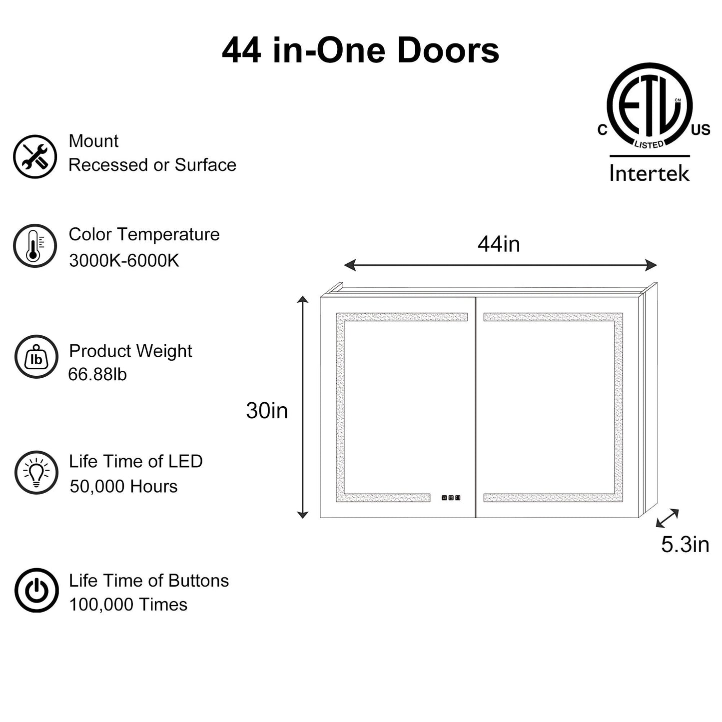 ExBrite Opale 44-in x 30-in Lighted LED Fog Free Surface/Recessed Mount Silver- 30"h Mirrored Soft Close Medicine Cabinet with Outlet