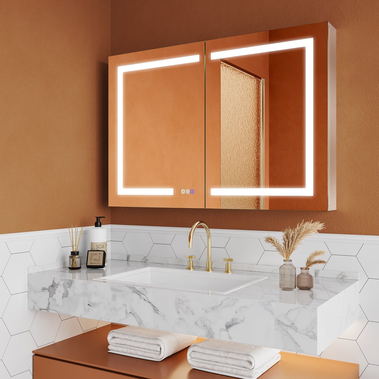ExBrite Opale 44-in x 30-in Lighted LED Fog Free Surface/Recessed Mount Silver- 30"h Mirrored Soft Close Medicine Cabinet with Outlet