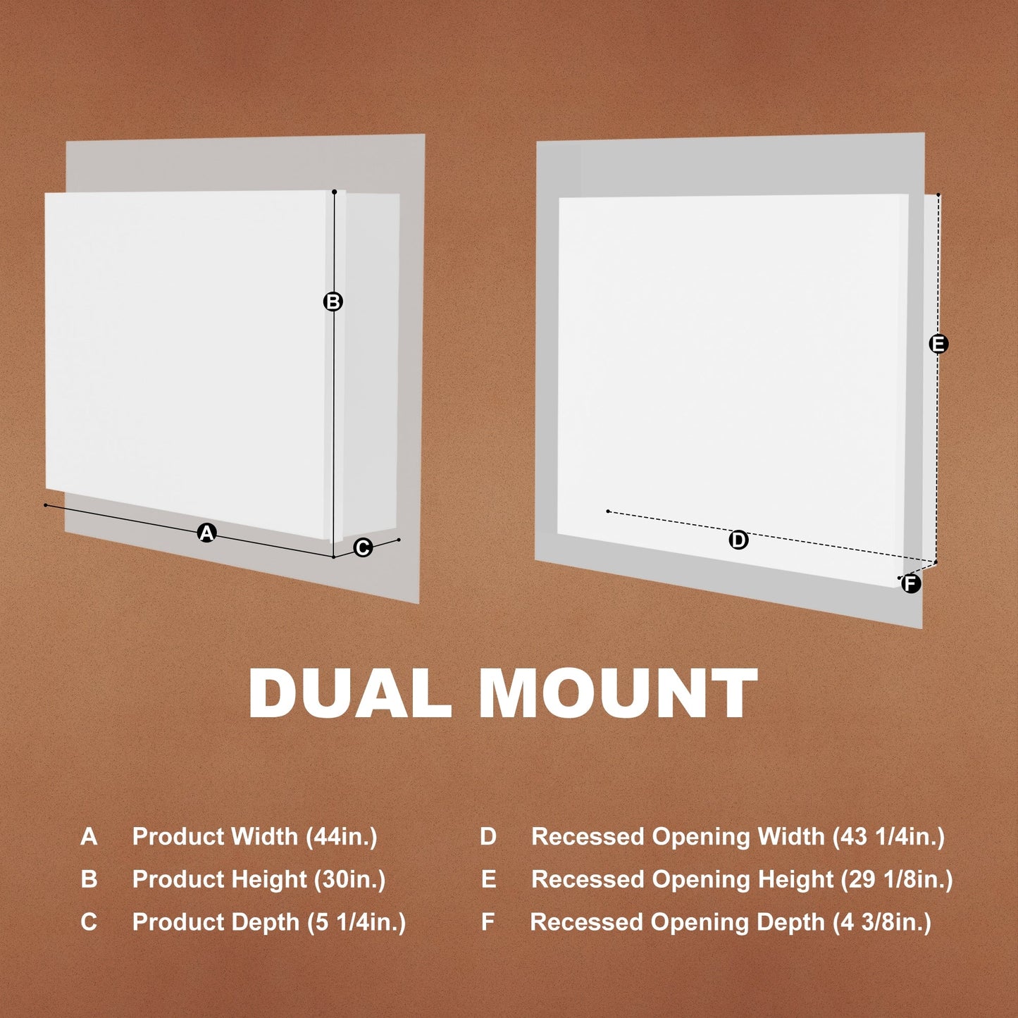 ExBrite Opale 44-in x 30-in Lighted LED Fog Free Surface/Recessed Mount Silver- 30"h Mirrored Soft Close Medicine Cabinet with Outlet