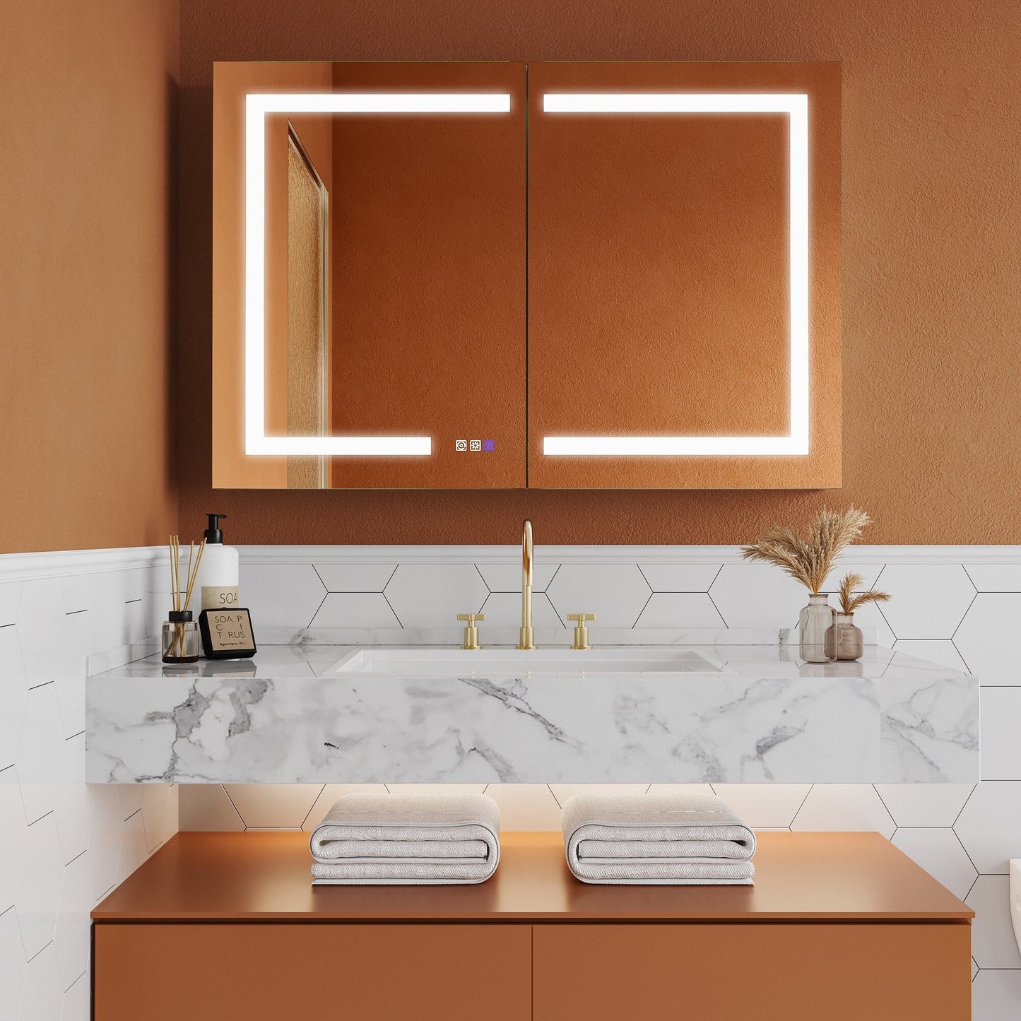 ExBrite Opale 44-in x 30-in Lighted LED Fog Free Surface/Recessed Mount Silver- 30"h Mirrored Soft Close Medicine Cabinet with Outlet