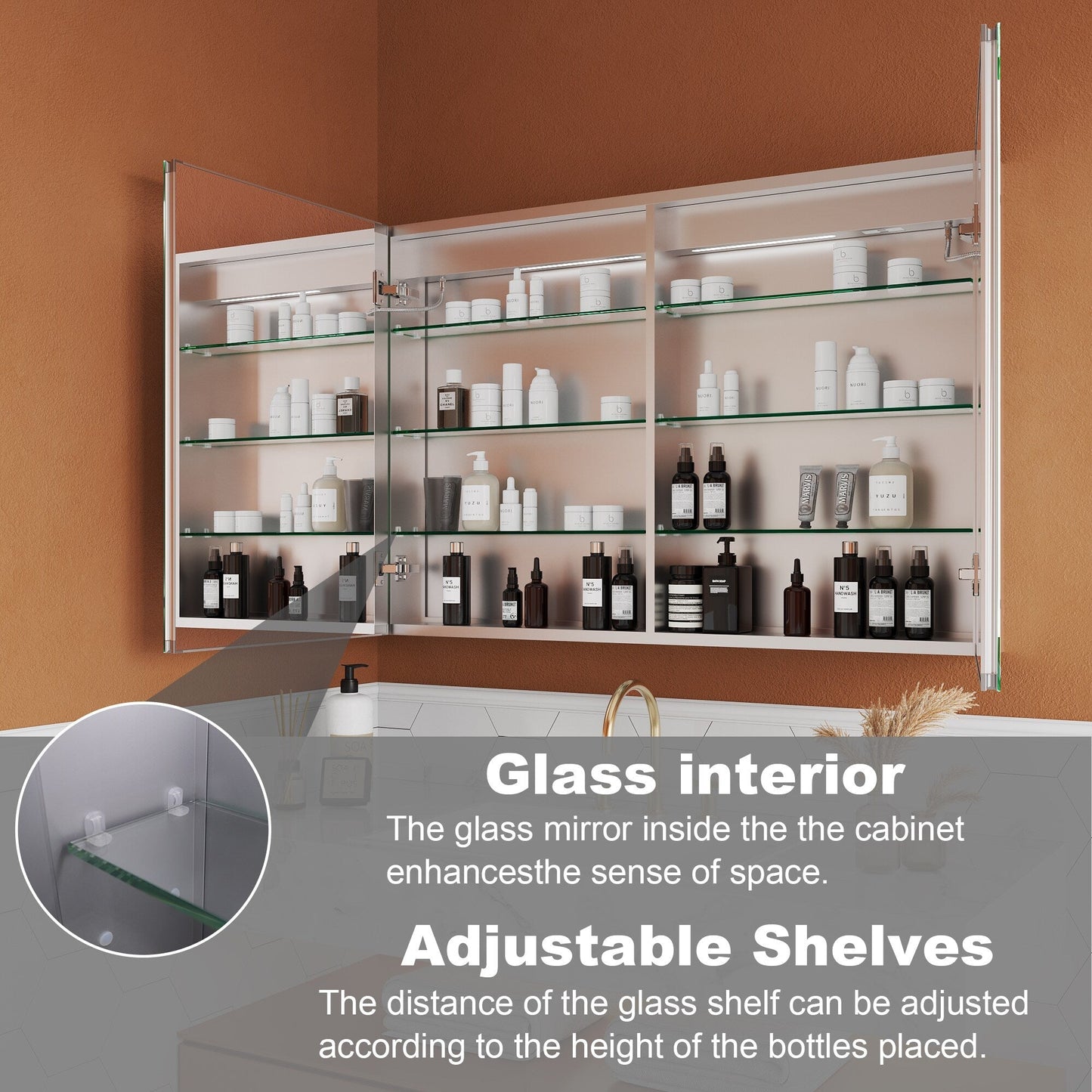 ExBrite Opale 44-in x 30-in Lighted LED Fog Free Surface/Recessed Mount Silver- 30"h Mirrored Soft Close Medicine Cabinet with Outlet