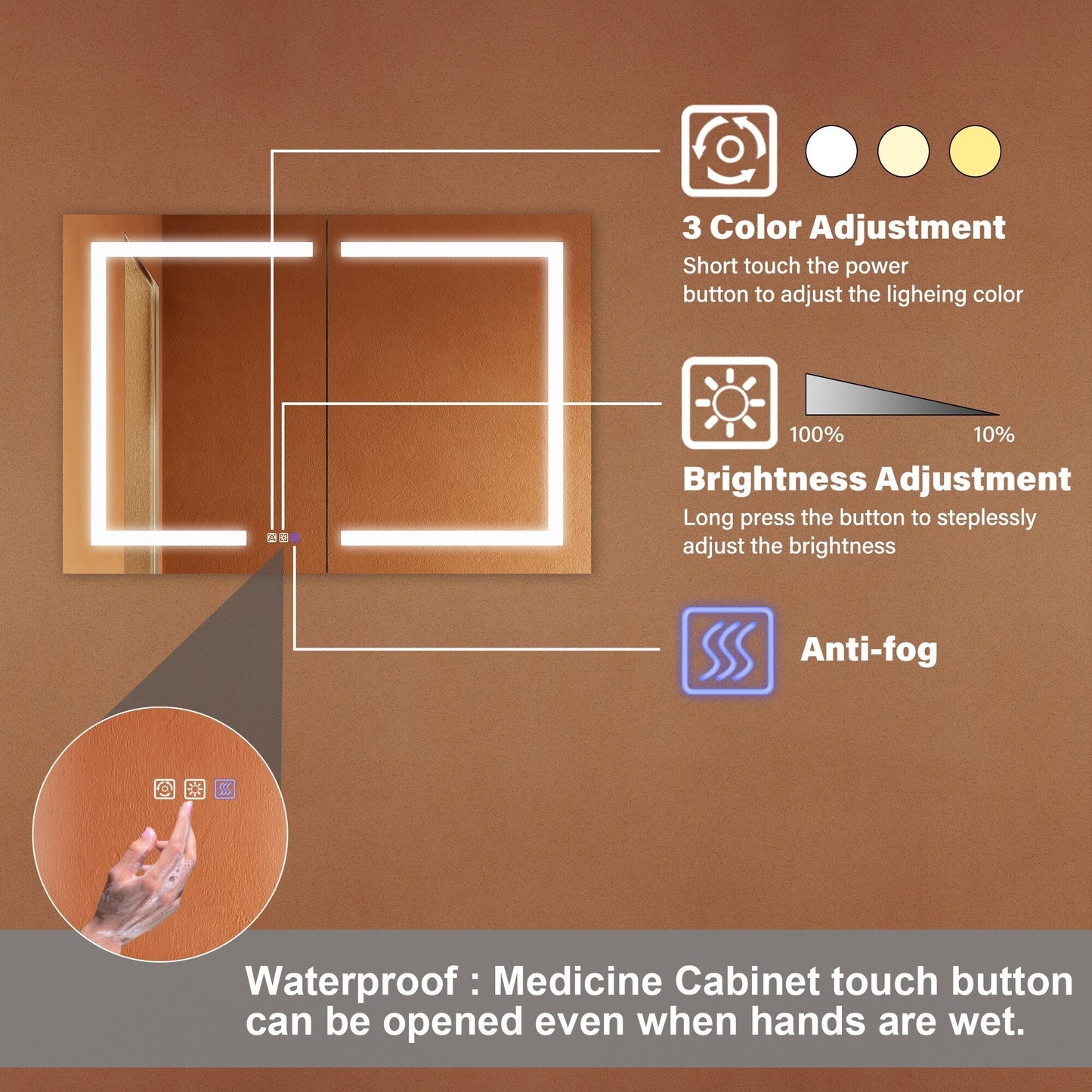 ExBrite Opale 44-in x 30-in Lighted LED Fog Free Surface/Recessed Mount Silver- 30"h Mirrored Soft Close Medicine Cabinet with Outlet