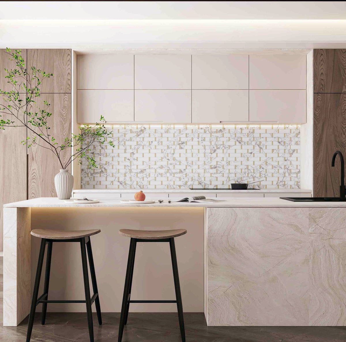 Giorbello Marble and mosaics White and Gray 11-in x 12-in Polished Natural Stone Marble Linear Marble Look Tile (4.8-sq. ft/ Carton)