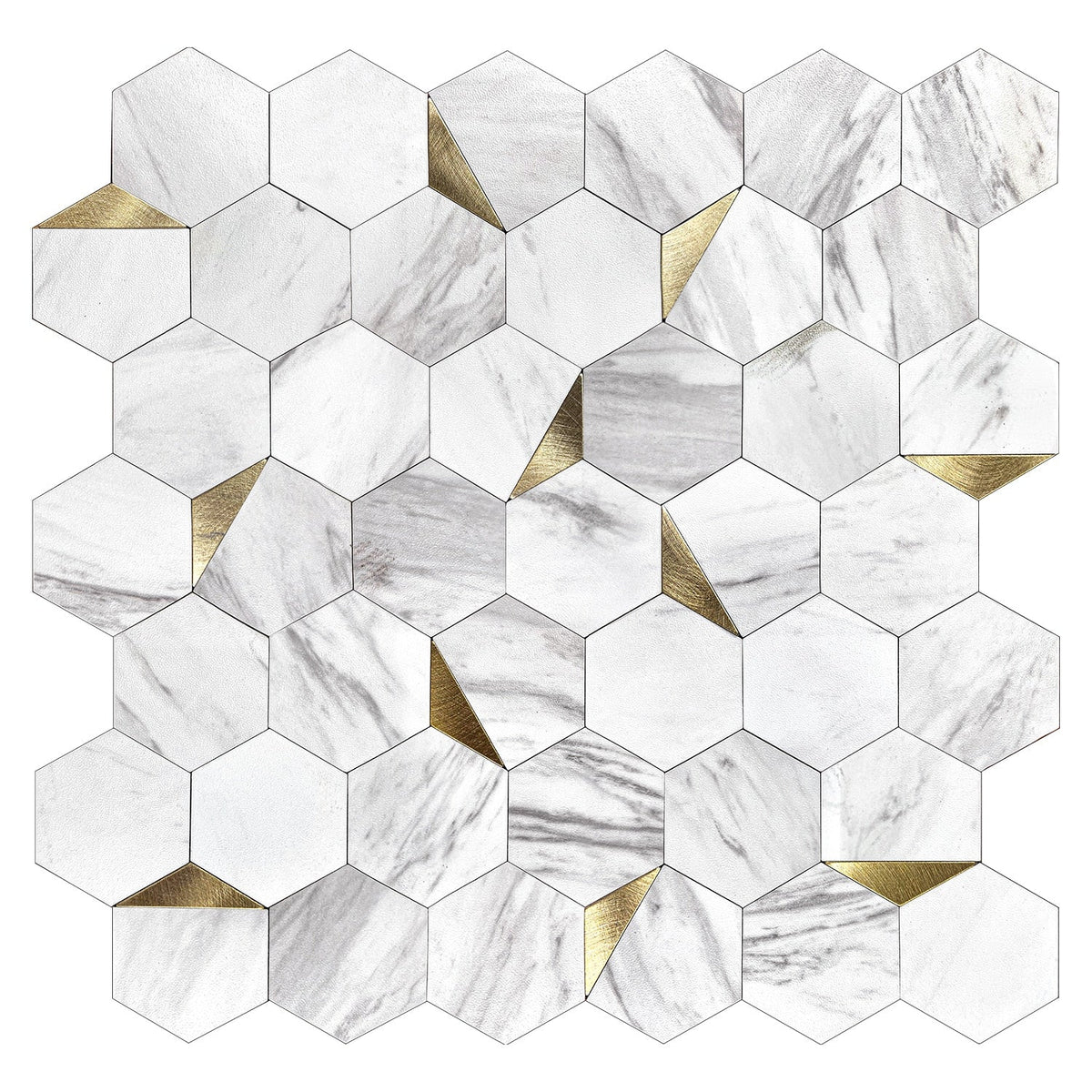 Murella Metal White carrera with gold metal accents 11-1/4-in x 11-1/4-in Multi-finish Metal Marble look Hexagon Peel and stick Mosaic Wall Tile product image