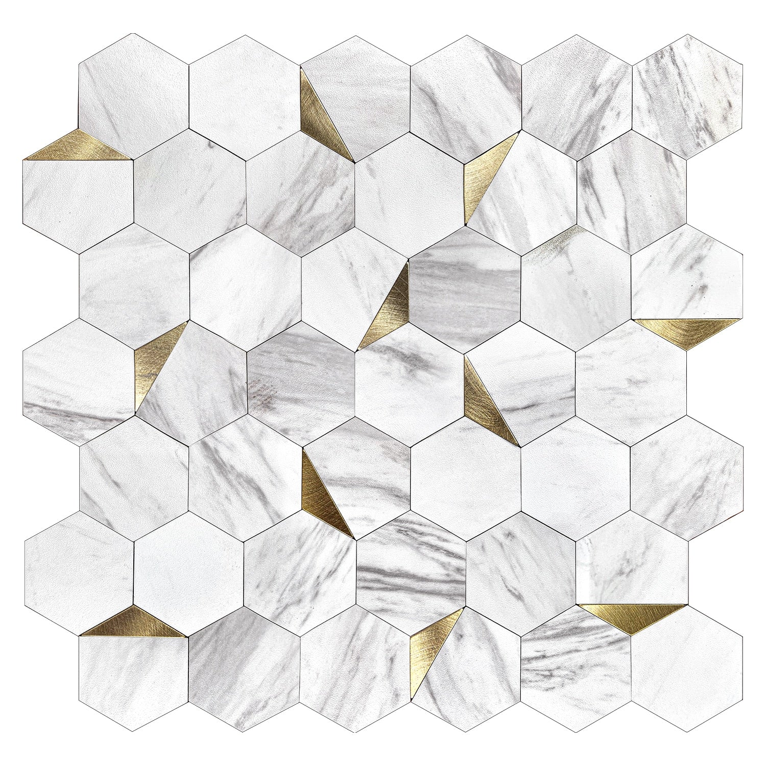 Murella Metal White carrera with gold metal accents 11-1/4-in x 11-1/4-in Multi-finish Metal Marble look Hexagon Peel and stick Mosaic Wall Tile product image