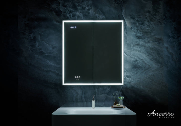 Ancerre Designs Pagani 30-in x 32-in Lighted LED Fog Free Surface/Recessed Mount Black Mirrored Soft Close Medicine Cabinet with Outlet