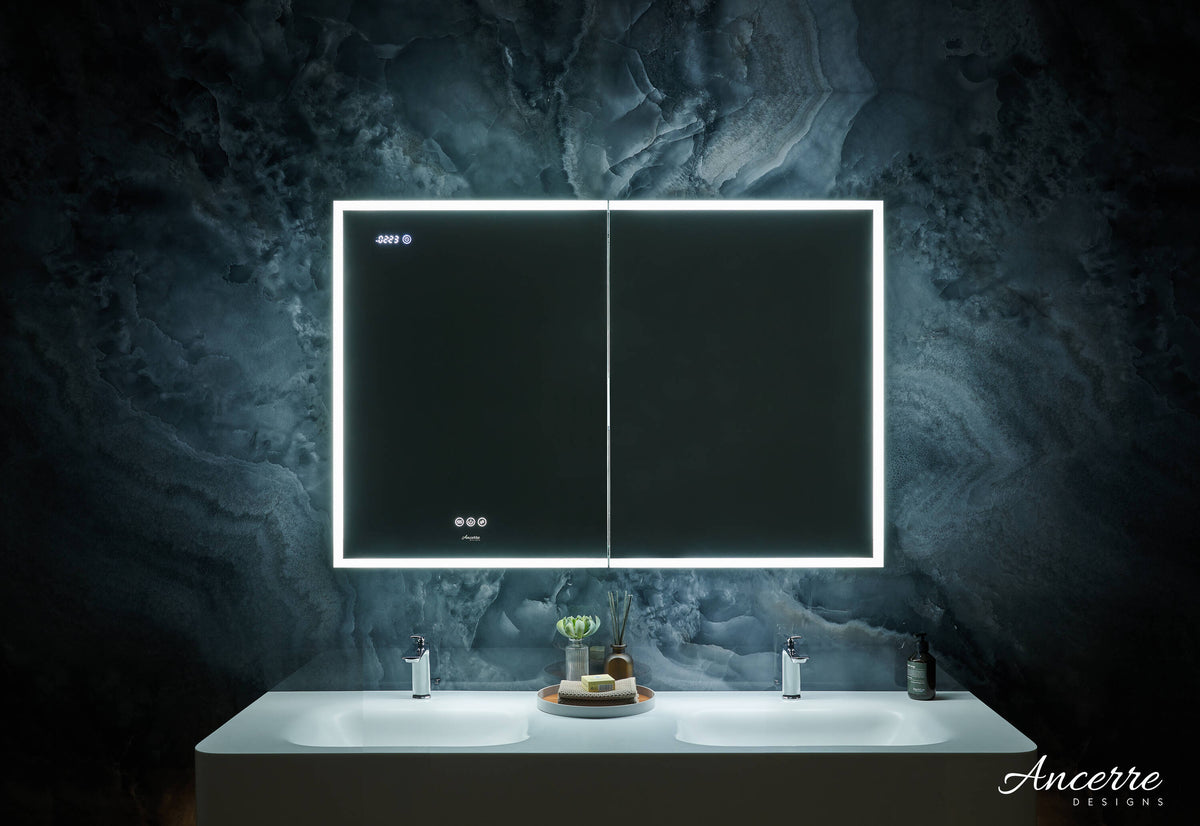 Ancerre Designs Pagani 36-in x 32-in Lighted LED Fog Free Surface/Recessed Mount Black Mirrored Soft Close Medicine Cabinet with Outlet