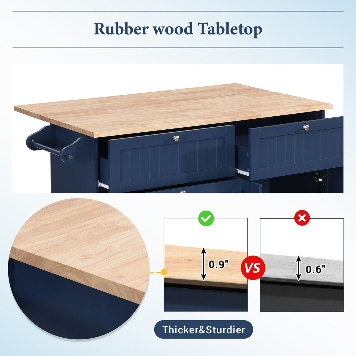 SINOFURN Blue Mdf Base with Wood Top Rolling Kitchen Cart (29.5-in x 47.6-in x 36.6-in)