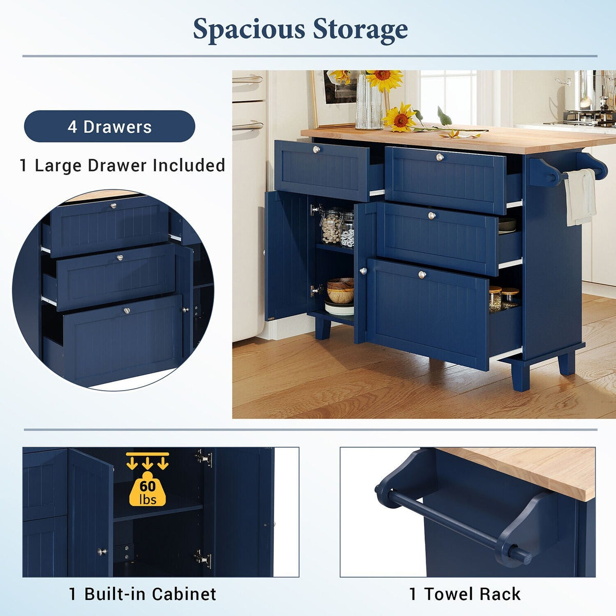 SINOFURN Blue Mdf Base with Wood Top Rolling Kitchen Cart (29.5-in x 47.6-in x 36.6-in)