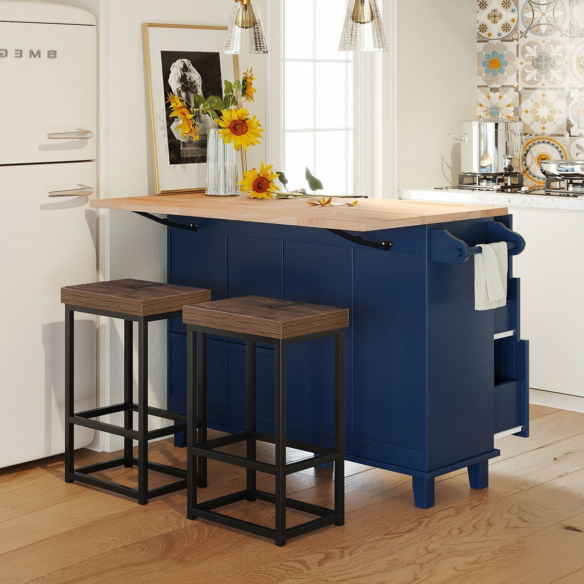 SINOFURN Blue Mdf Base with Wood Top Rolling Kitchen Cart (29.5-in x 47.6-in x 36.6-in)