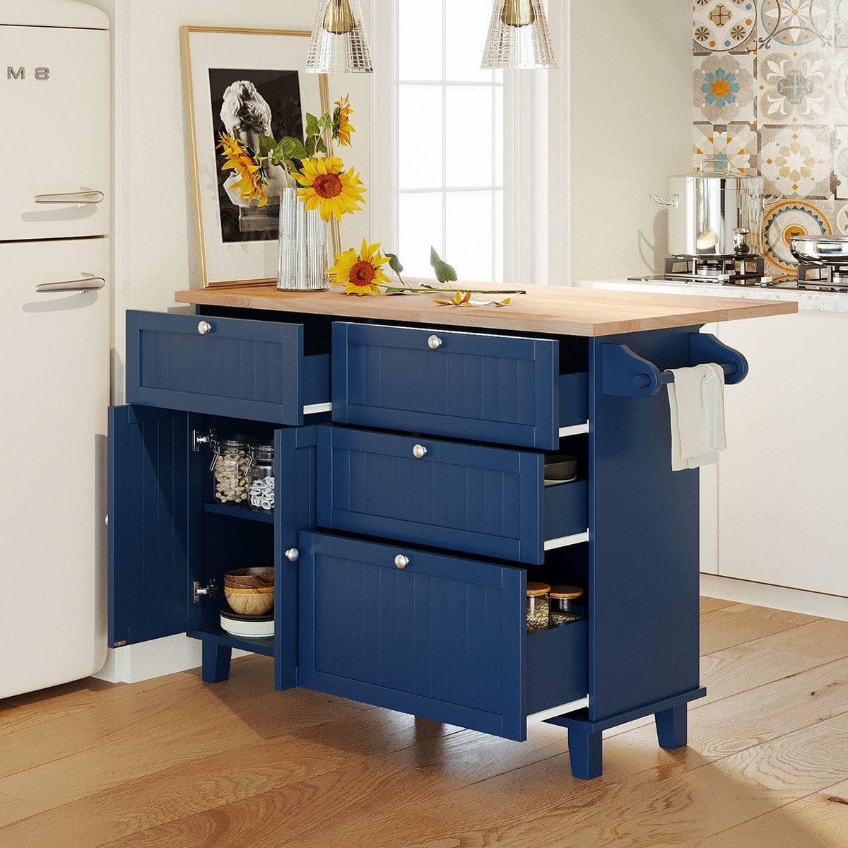 SINOFURN Blue Mdf Base with Wood Top Rolling Kitchen Cart (29.5-in x 47.6-in x 36.6-in)
