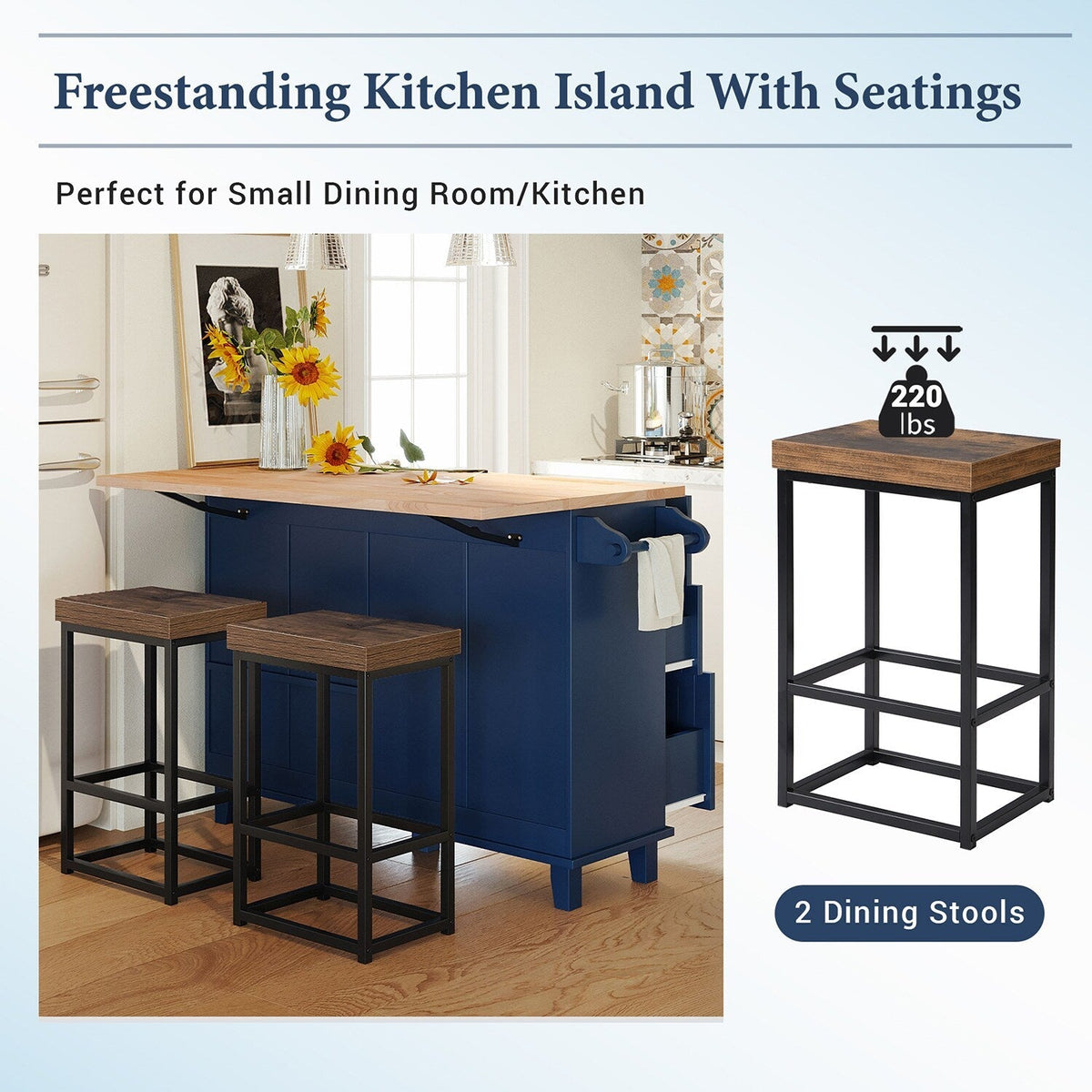 SINOFURN Blue Mdf Base with Wood Top Rolling Kitchen Cart (29.5-in x 47.6-in x 36.6-in)
