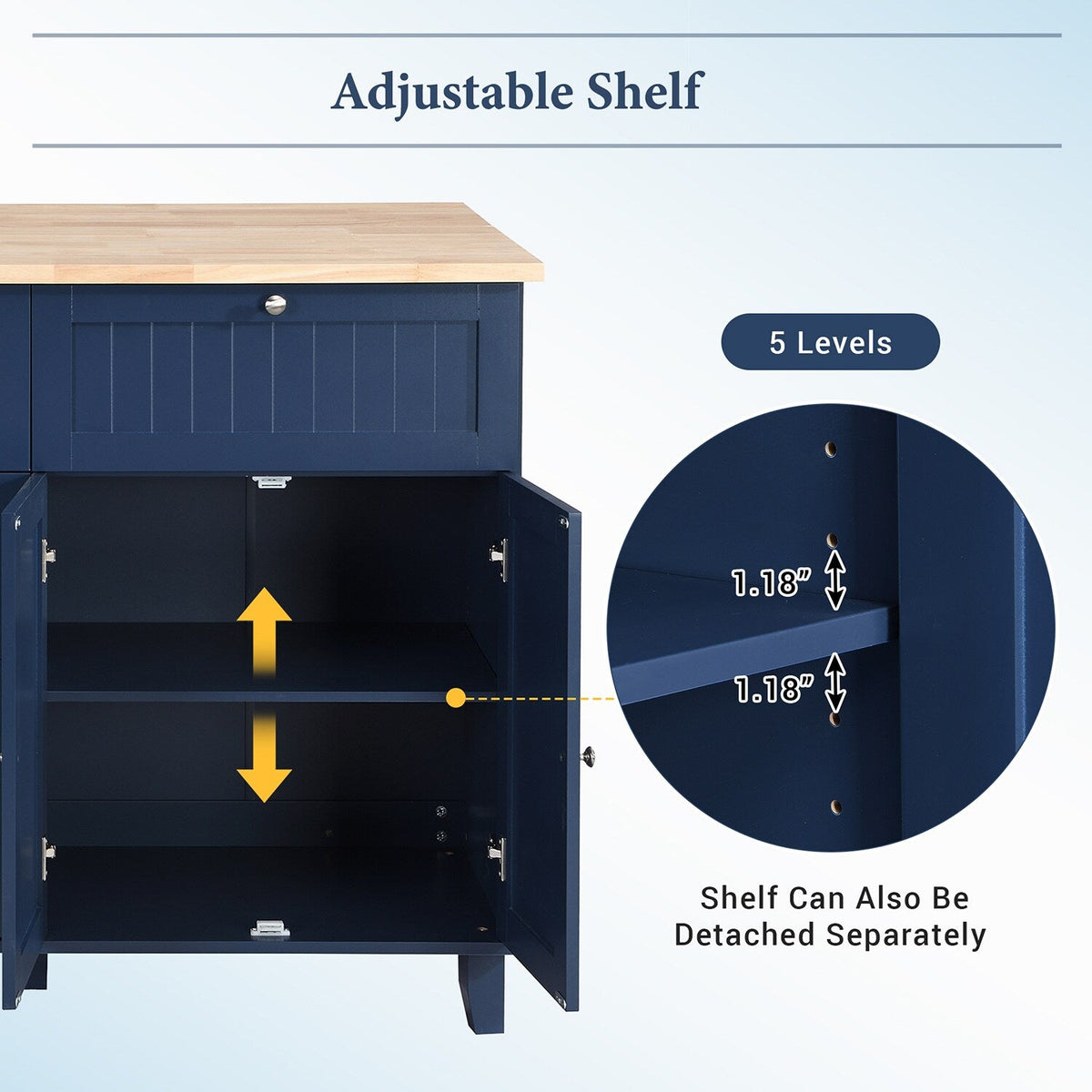 SINOFURN Blue Mdf Base with Wood Top Rolling Kitchen Cart (29.5-in x 47.6-in x 36.6-in)