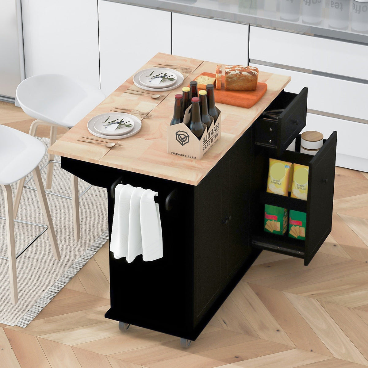 Bybafun Black Mdf Base with Wood Top Rolling Kitchen Cart (28.7-in x 53.9-in x 36.8-in)