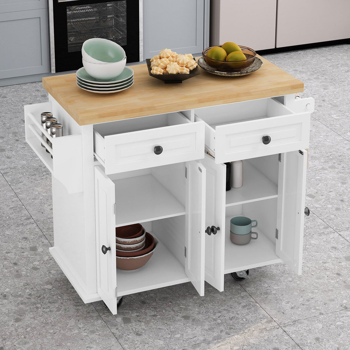 Bybafun White Mdf Base with Wood Top Rolling Kitchen Cart (17.5-in x 43.7-in x 32.5-in)